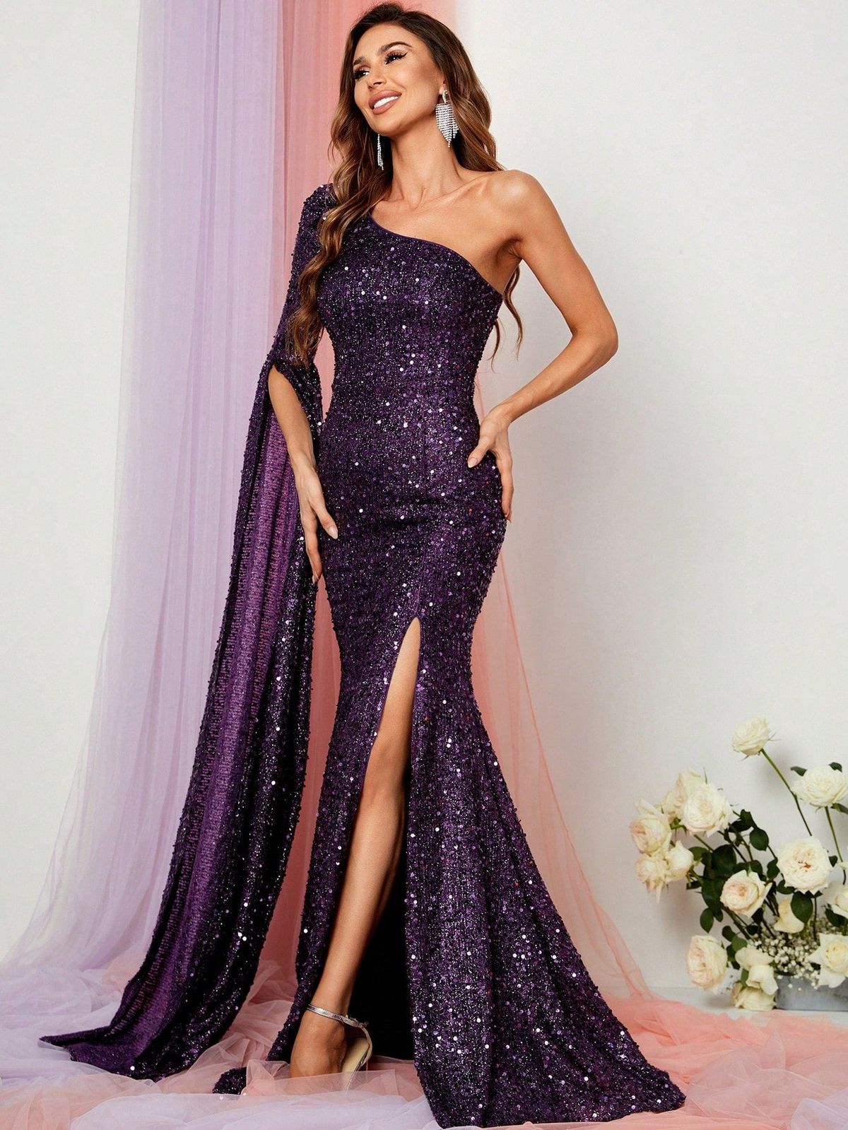Style FSWD0789 Faeriesty Size M Long Sleeve Sequined Purple Side Slit Dress on Queenly