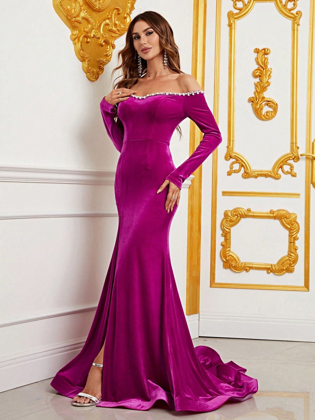 Style FSWD0880 Faeriesty Size XS Long Sleeve Velvet Purple Side Slit Dress on Queenly