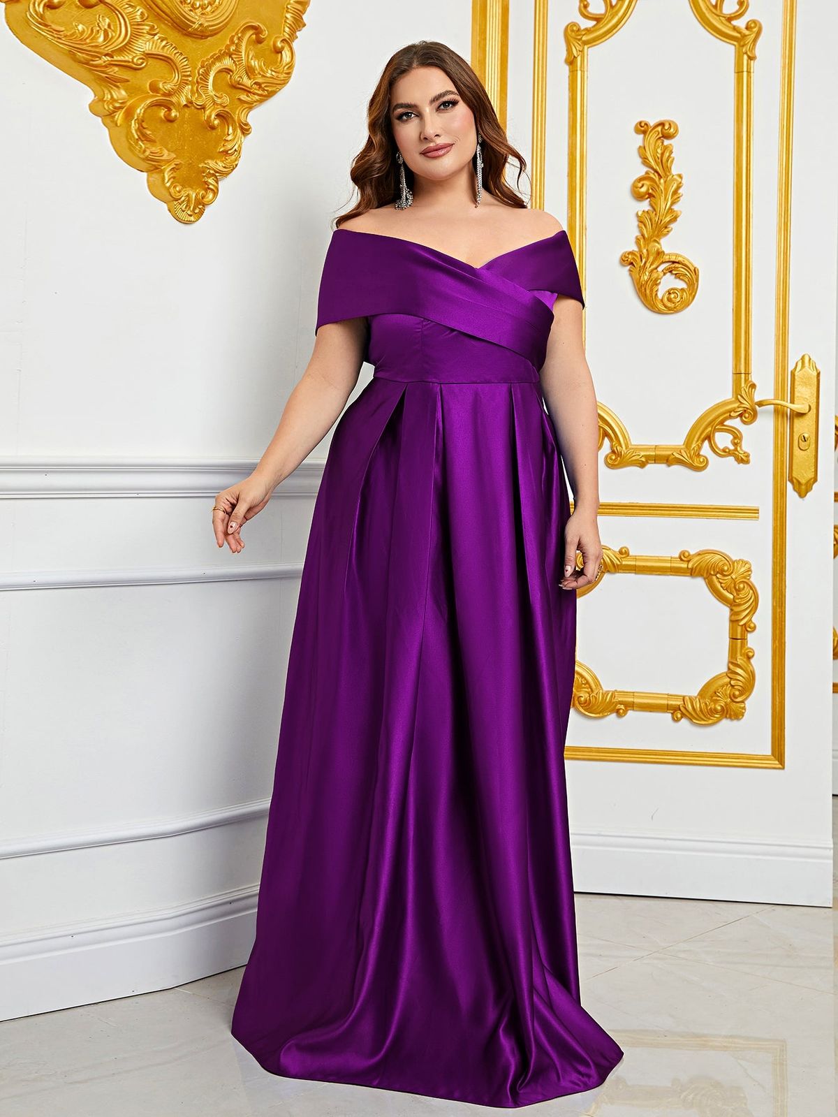 Style FSWD0861P Faeriesty Size 1X Off The Shoulder Satin Purple A-line Dress on Queenly