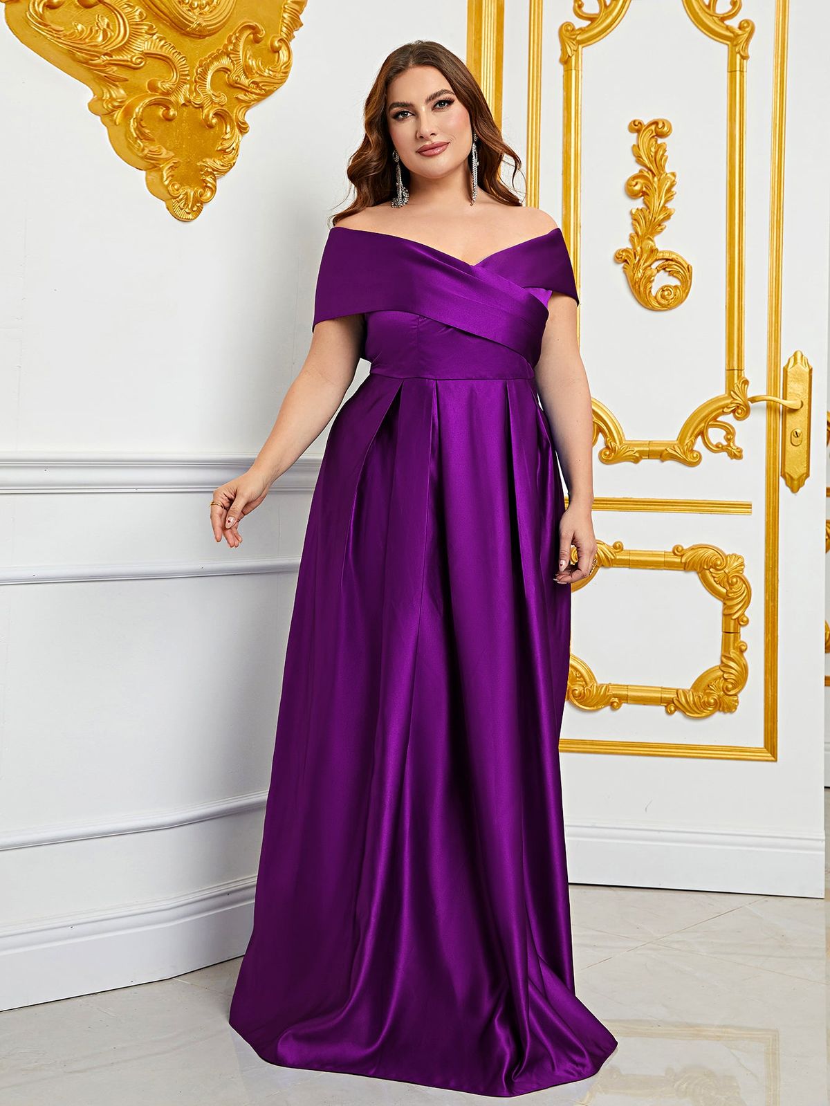 Style FSWD0861P Faeriesty Size 4X Off The Shoulder Satin Purple A-line Dress on Queenly