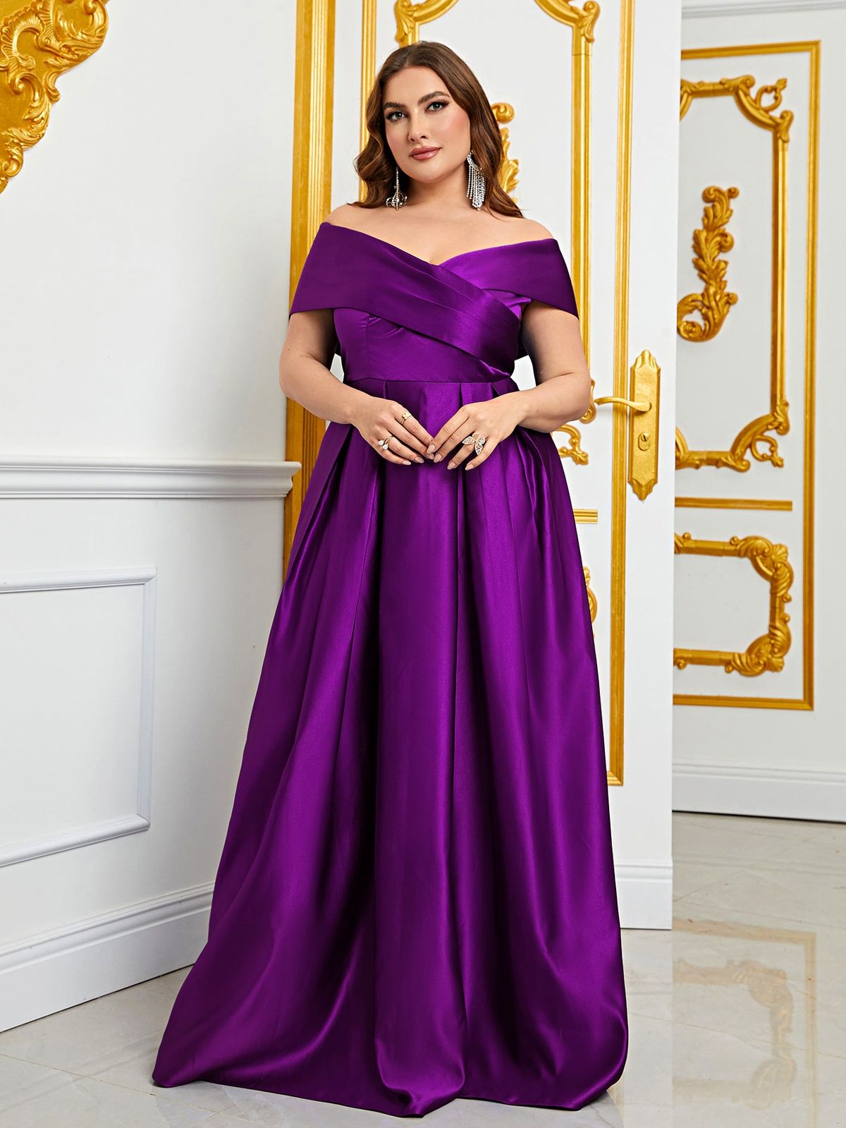 Style FSWD0861P Faeriesty Size 4X Off The Shoulder Satin Purple A-line Dress on Queenly