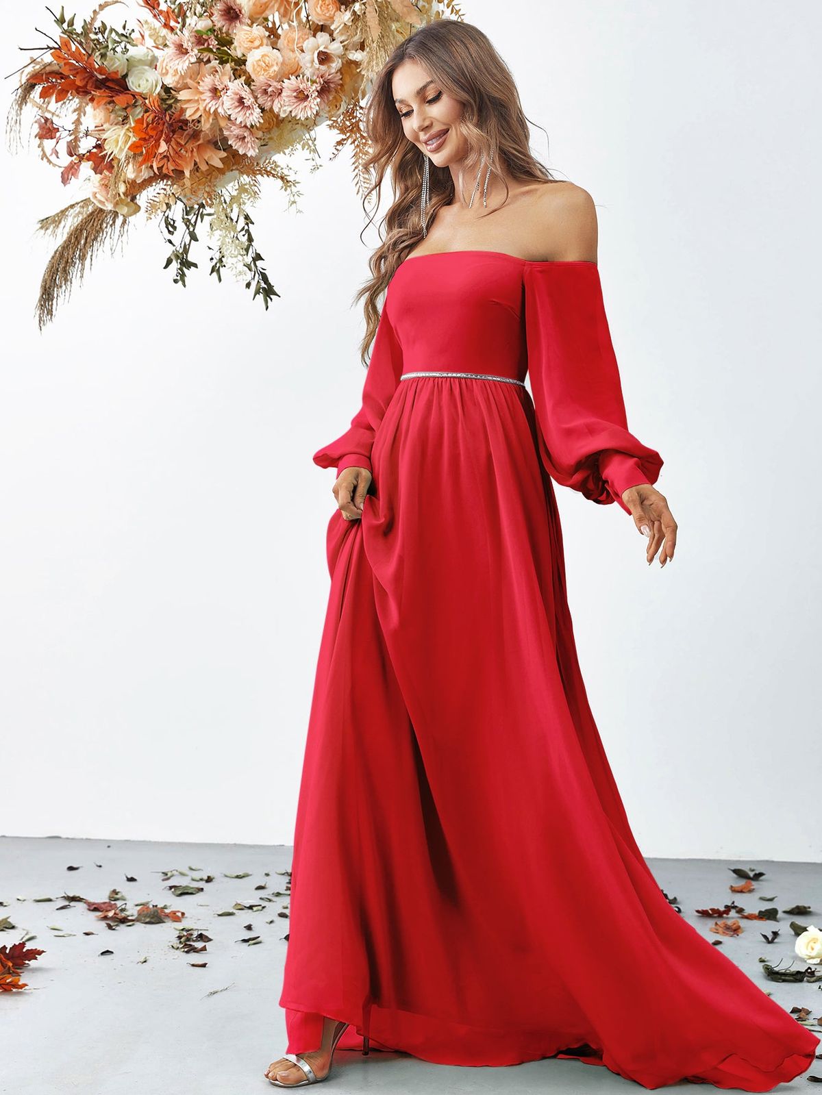 Style FSWD0865 Faeriesty Size XS Off The Shoulder Sequined Red Floor Length Maxi on Queenly