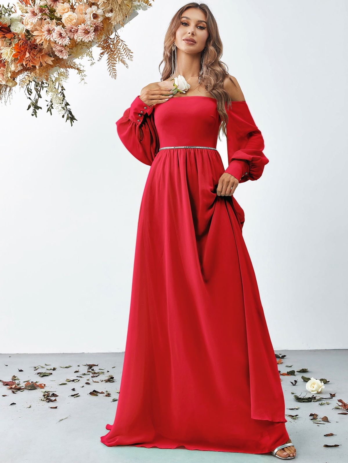 Style FSWD0865 Faeriesty Size XS Off The Shoulder Sequined Red Floor Length Maxi on Queenly
