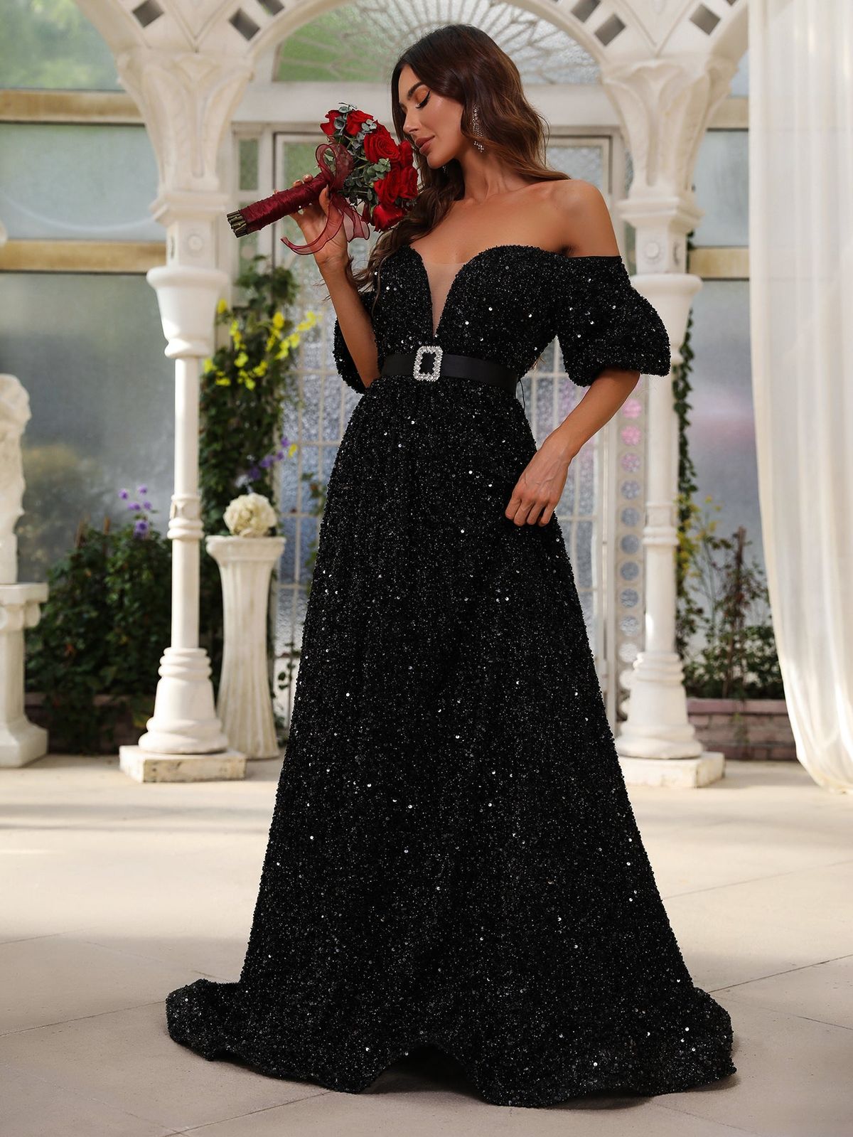 Style FSWD0724 Faeriesty Size XS Off The Shoulder Sequined Black A-line Dress on Queenly
