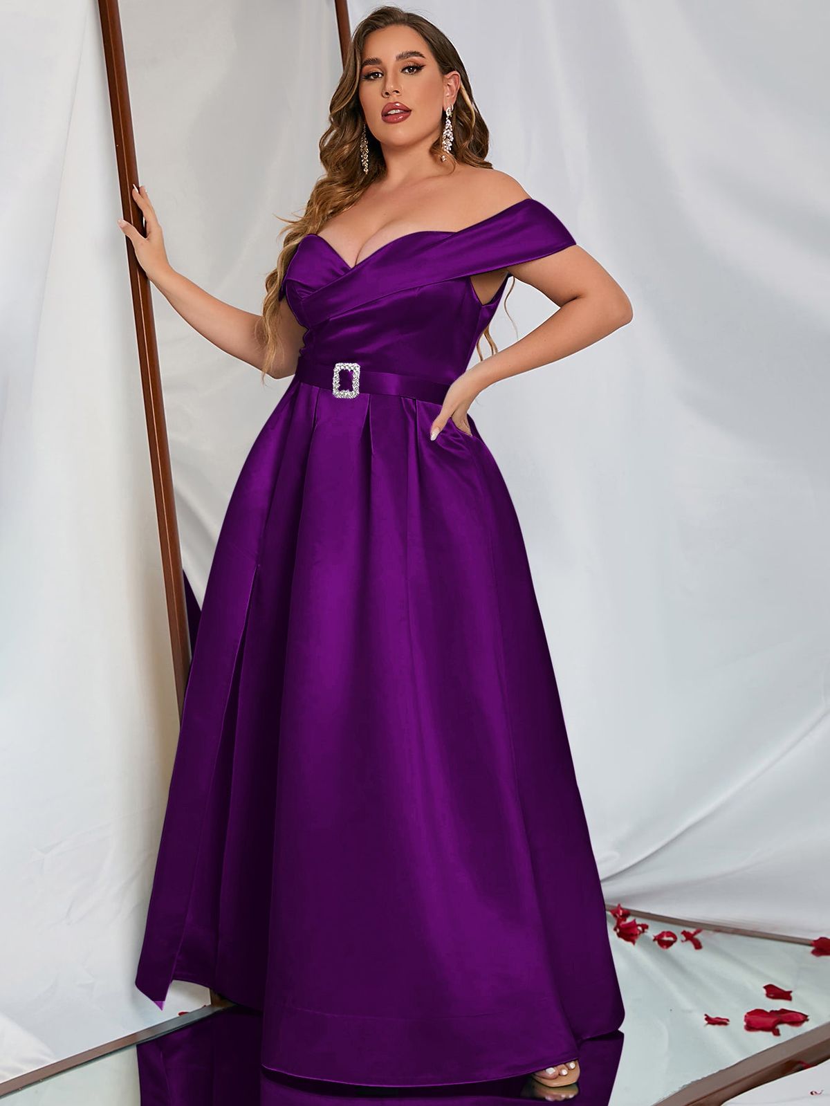 Style FSWD0195P Faeriesty Size 1X Prom Off The Shoulder Satin Purple Ball Gown on Queenly