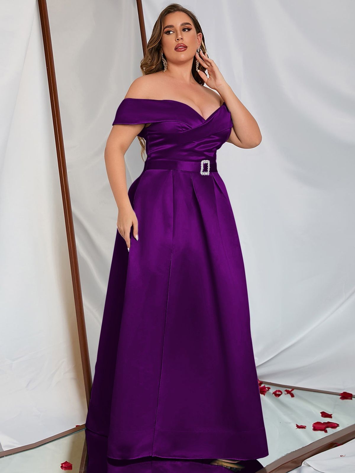 Style FSWD0195P Faeriesty Size 2X Prom Off The Shoulder Satin Purple Ball Gown on Queenly