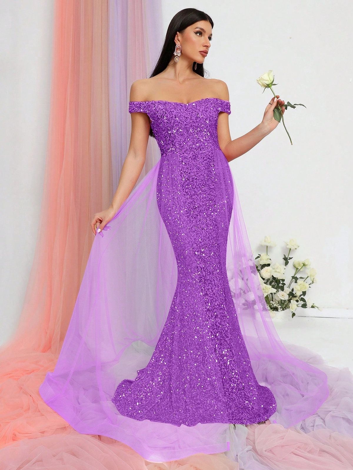Style FSWD0478 Faeriesty Size XS Off The Shoulder Sequined Purple Mermaid Dress on Queenly