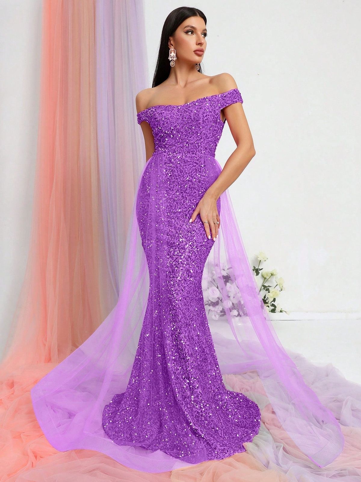 Style FSWD0478 Faeriesty Size XS Off The Shoulder Sequined Purple Mermaid Dress on Queenly