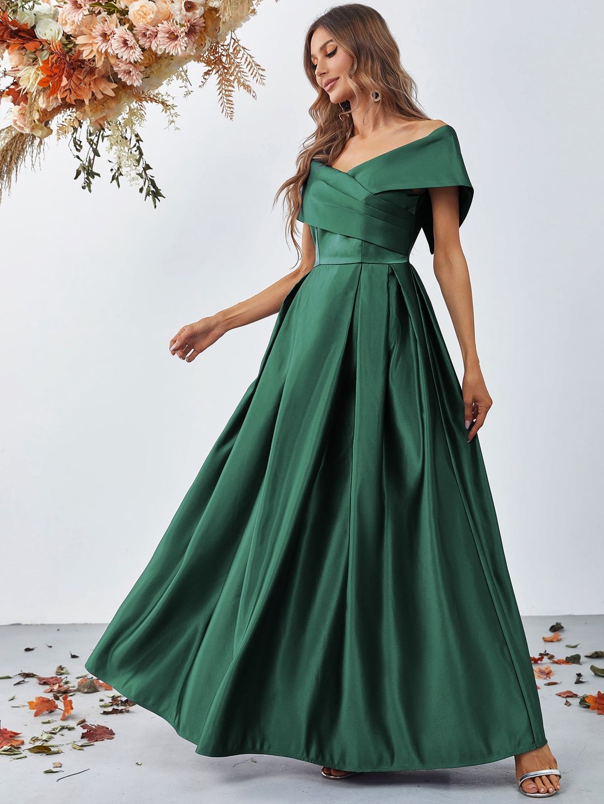 Style FSWD0861 Faeriesty Size S Off The Shoulder Satin Green A-line Dress on Queenly