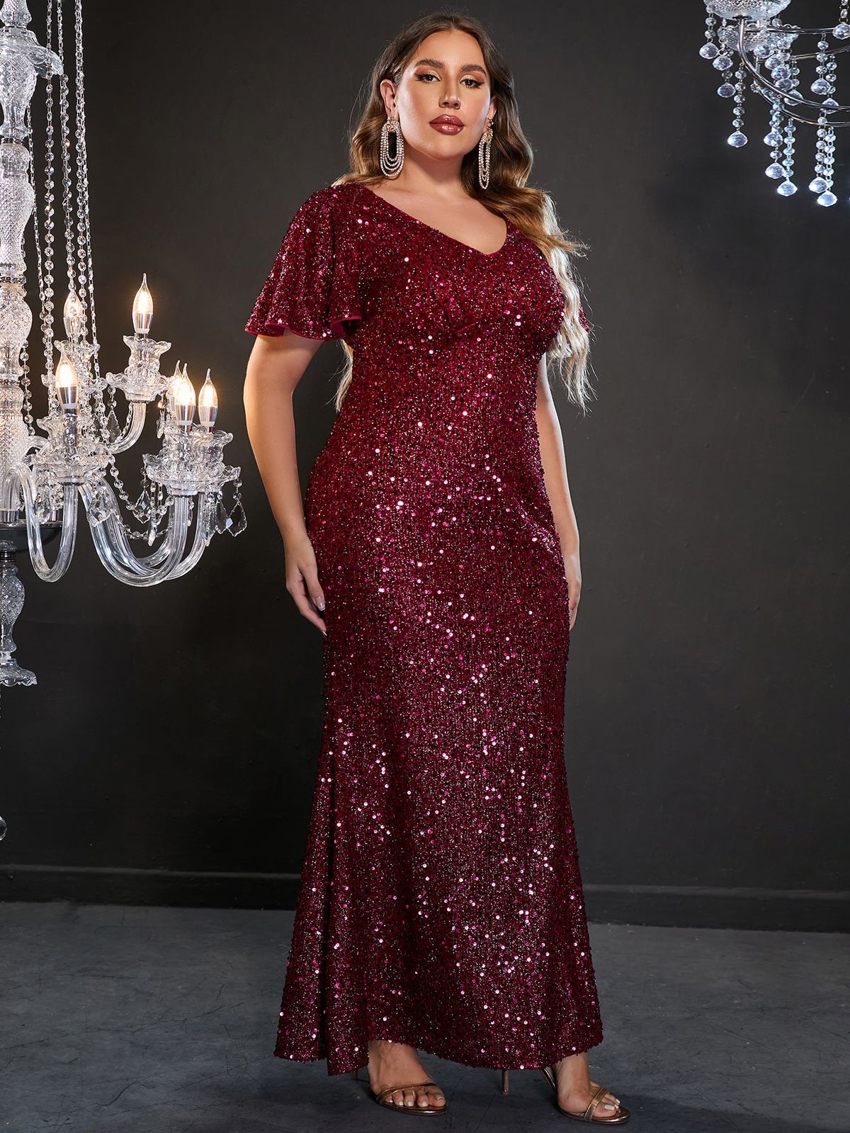Style FSWD0749P Faeriesty Size 1X Sequined Burgundy Red Mermaid Dress on Queenly