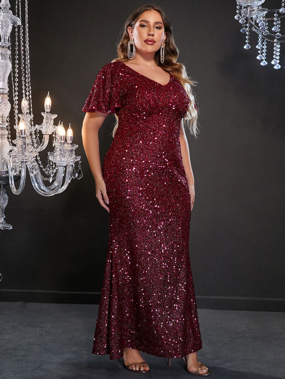 Style FSWD0749P Faeriesty Size 2X Sequined Burgundy Red Mermaid Dress on Queenly