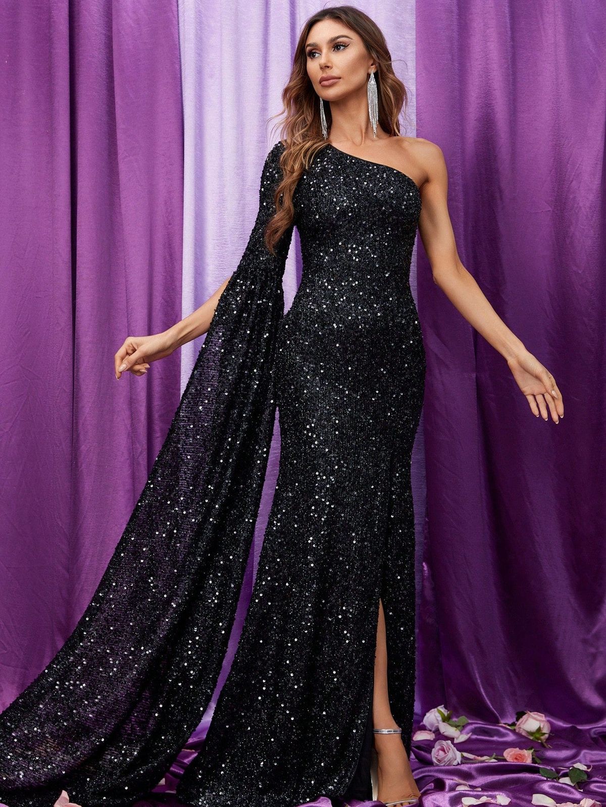 Style FSWD0789 Faeriesty Size XS Long Sleeve Sequined Black Side Slit Dress on Queenly