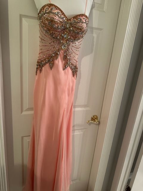 JOVANI Size 2 Bridesmaid Strapless Sequined Coral Side Slit Dress on Queenly
