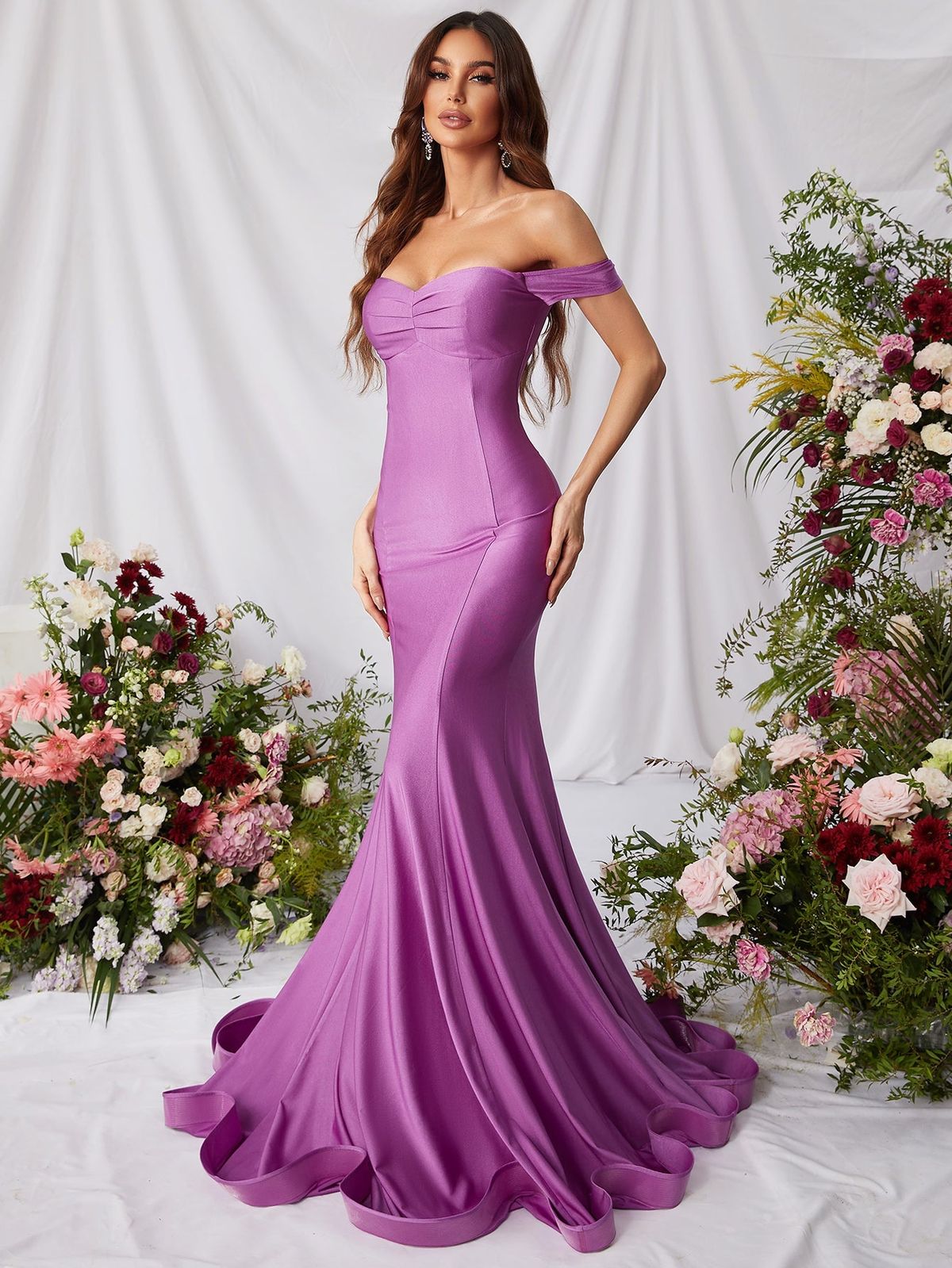 Style FSWD0766 Faeriesty Size XS Nightclub Off The Shoulder Satin Purple Mermaid Dress on Queenly