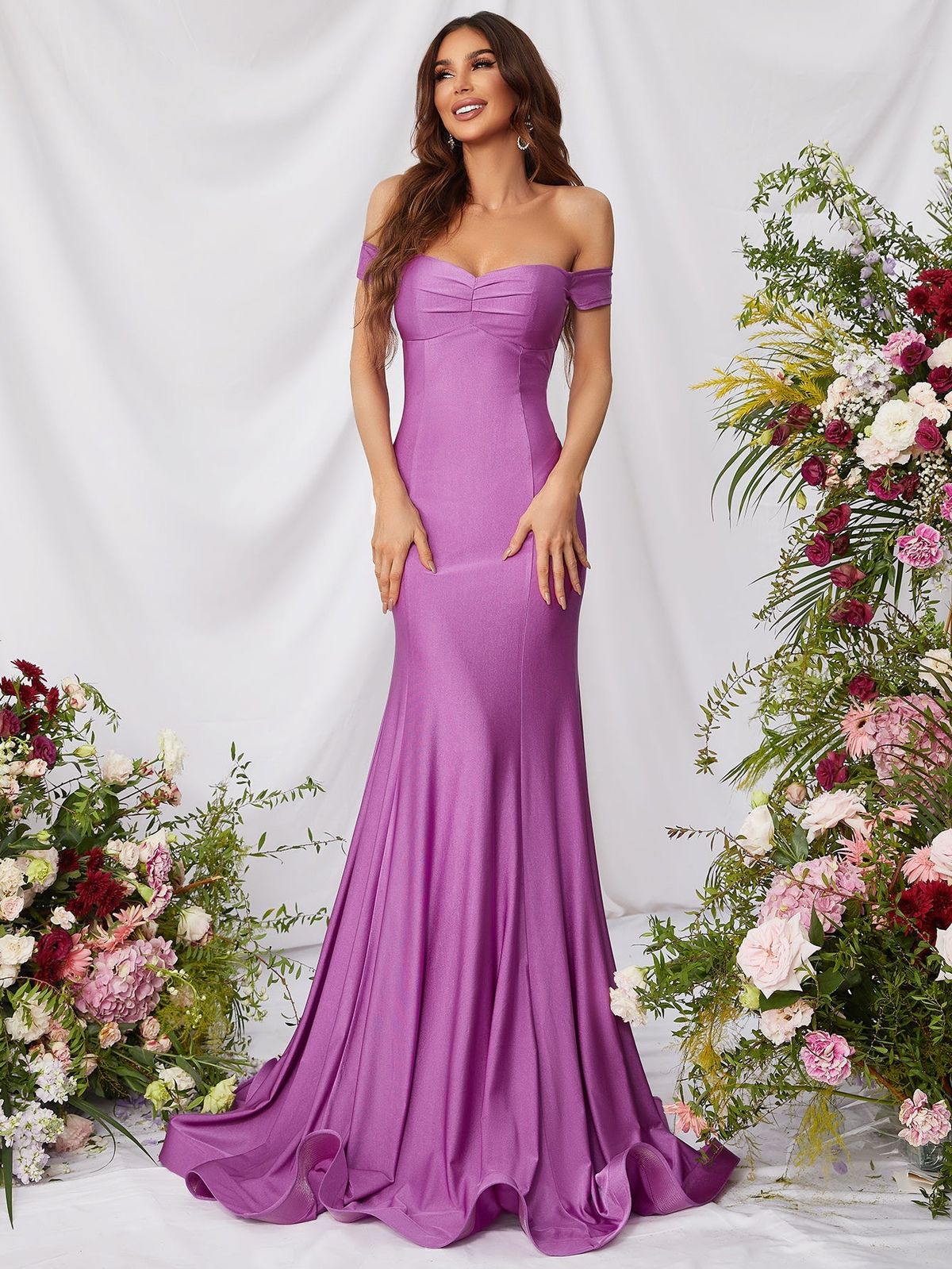 Style FSWD0766 Faeriesty Size M Nightclub Off The Shoulder Satin Purple Mermaid Dress on Queenly