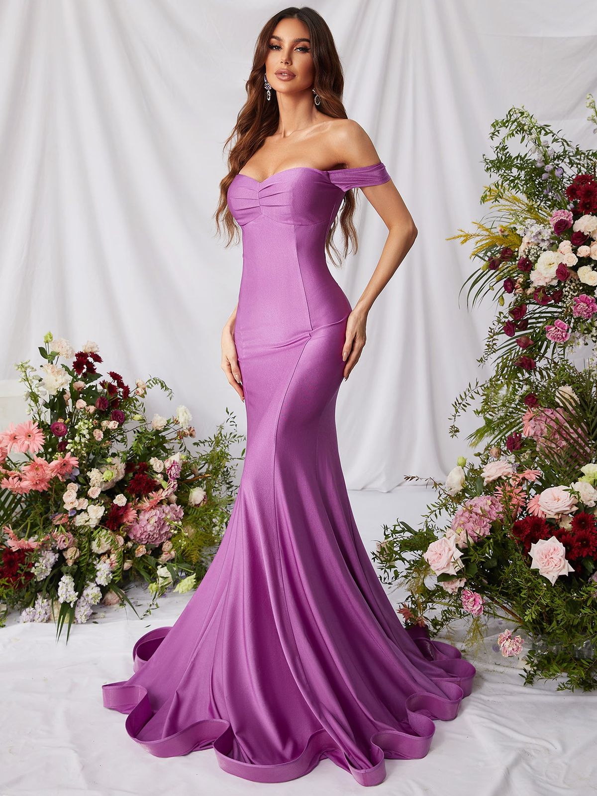 Style FSWD0766 Faeriesty Size XL Nightclub Off The Shoulder Satin Purple Mermaid Dress on Queenly