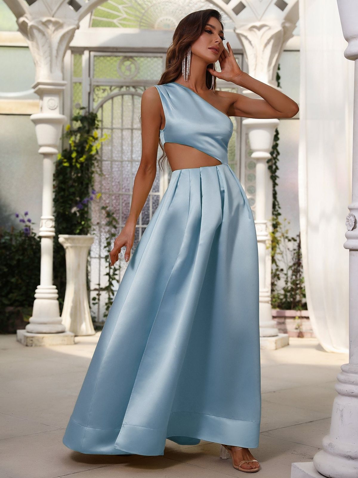 Style FSWD0627 Faeriesty Size M One Shoulder Satin Blue A-line Dress on Queenly