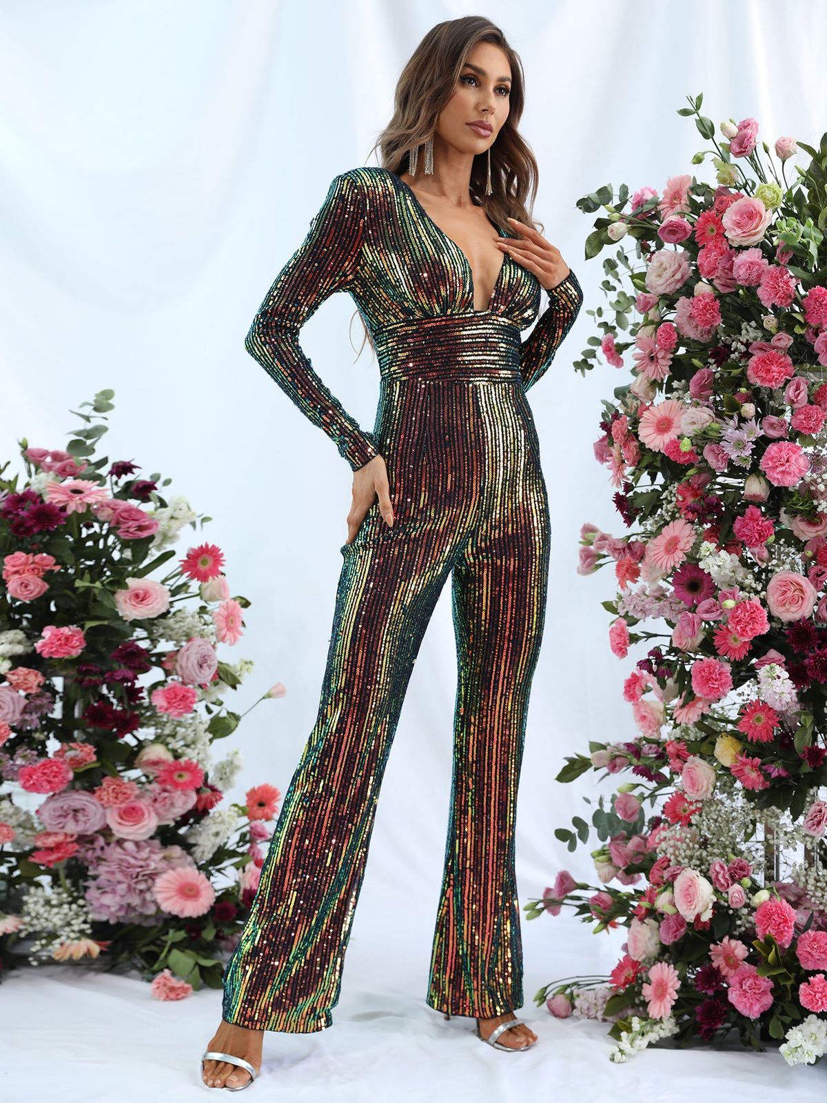 Style FSWB7012 Faeriesty Size XS Nightclub Long Sleeve Sequined Multicolor Formal Jumpsuit on Queenly