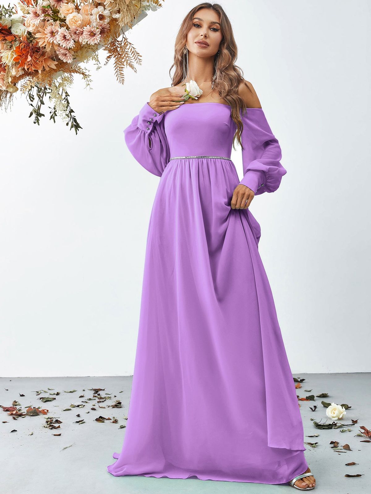 Style FSWD0865 Faeriesty Size XL Off The Shoulder Sequined Purple Floor Length Maxi on Queenly