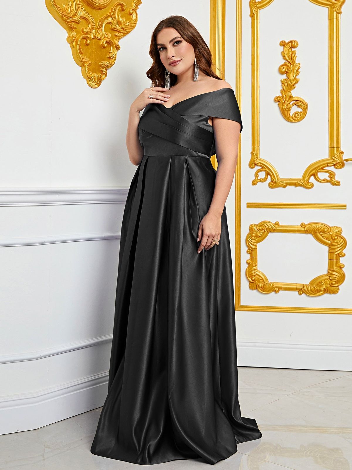 Style FSWD0861P Faeriesty Size 1X Off The Shoulder Satin Black A-line Dress on Queenly