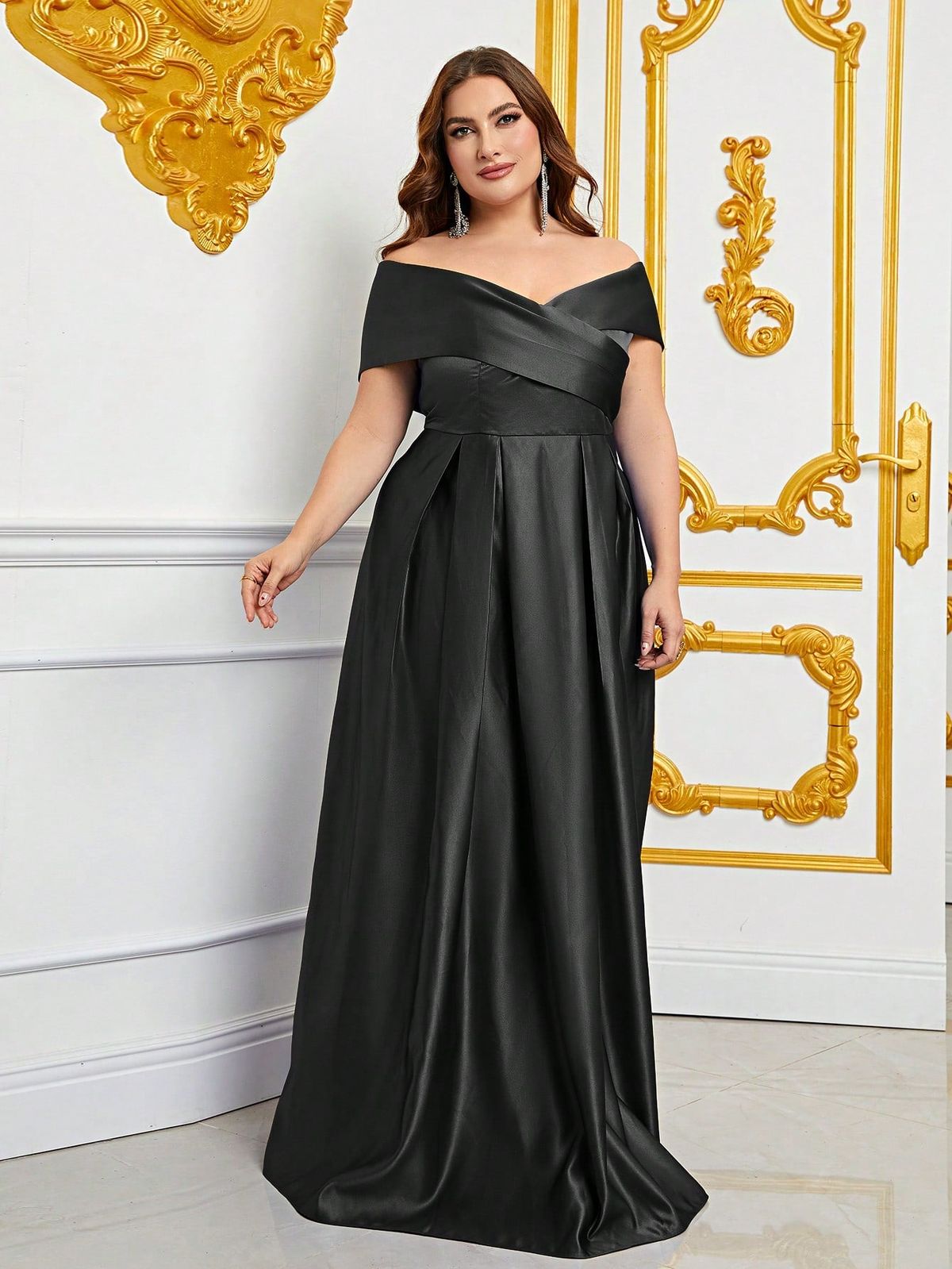 Style FSWD0861P Faeriesty Size 1X Off The Shoulder Satin Black A-line Dress on Queenly