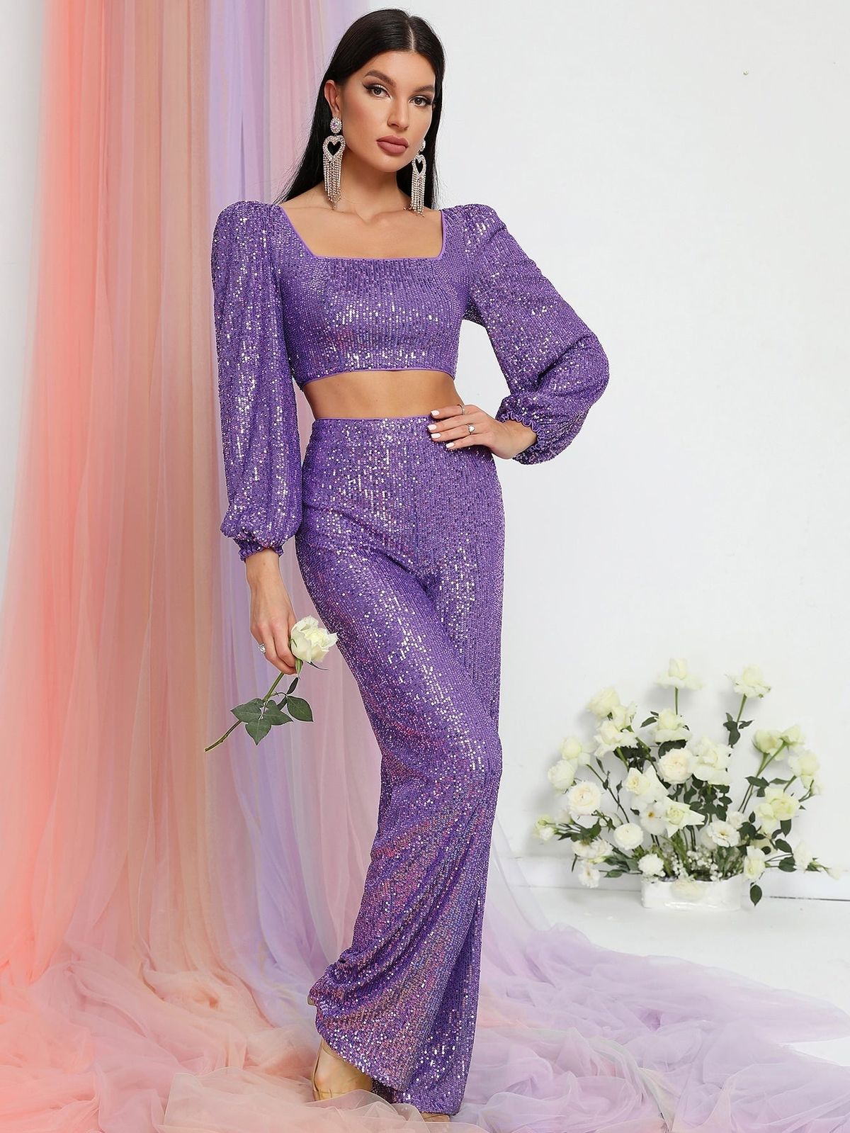 Style FSWU9006 Faeriesty Size XS Long Sleeve Sequined Purple Floor Length Maxi on Queenly