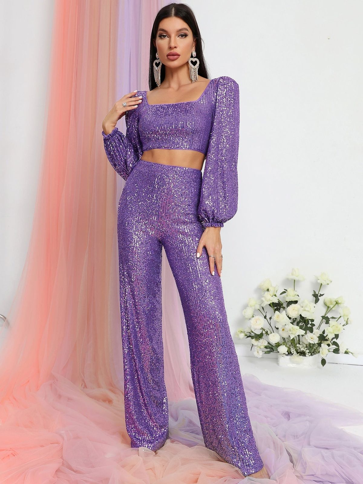 Style FSWU9006 Faeriesty Size XS Long Sleeve Sequined Purple Floor Length Maxi on Queenly