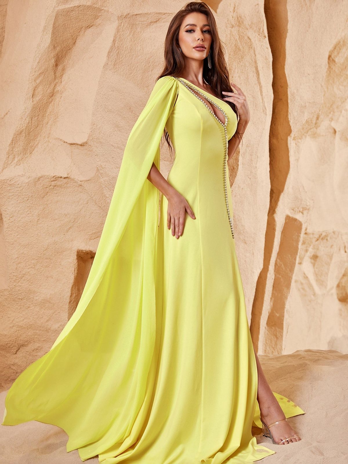Style FSWD0945 Faeriesty Size XS One Shoulder Sequined Yellow Side Slit Dress on Queenly
