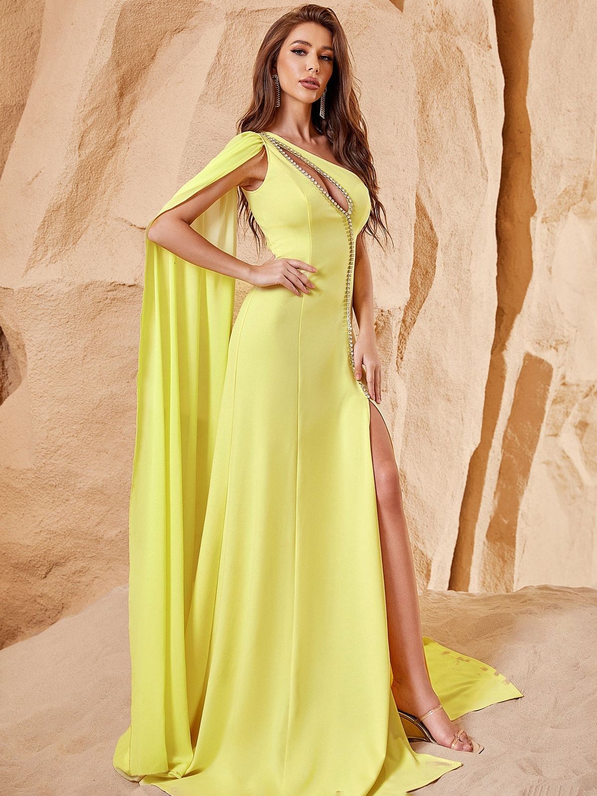 Style FSWD0945 Faeriesty Size S One Shoulder Sequined Yellow Side Slit Dress on Queenly