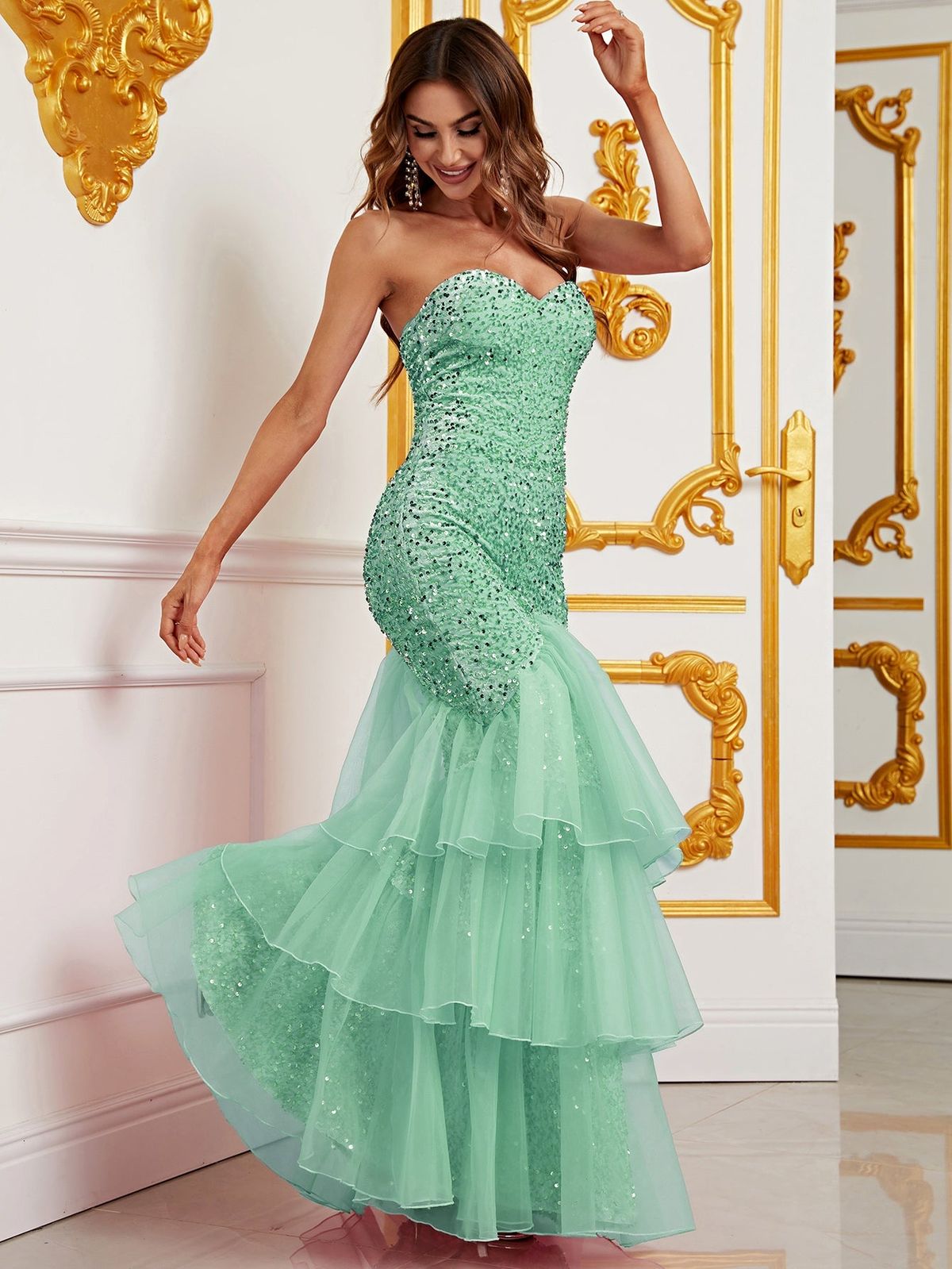 Style FSWD0371 Faeriesty Size XS Sequined Light Green Mermaid Dress on Queenly