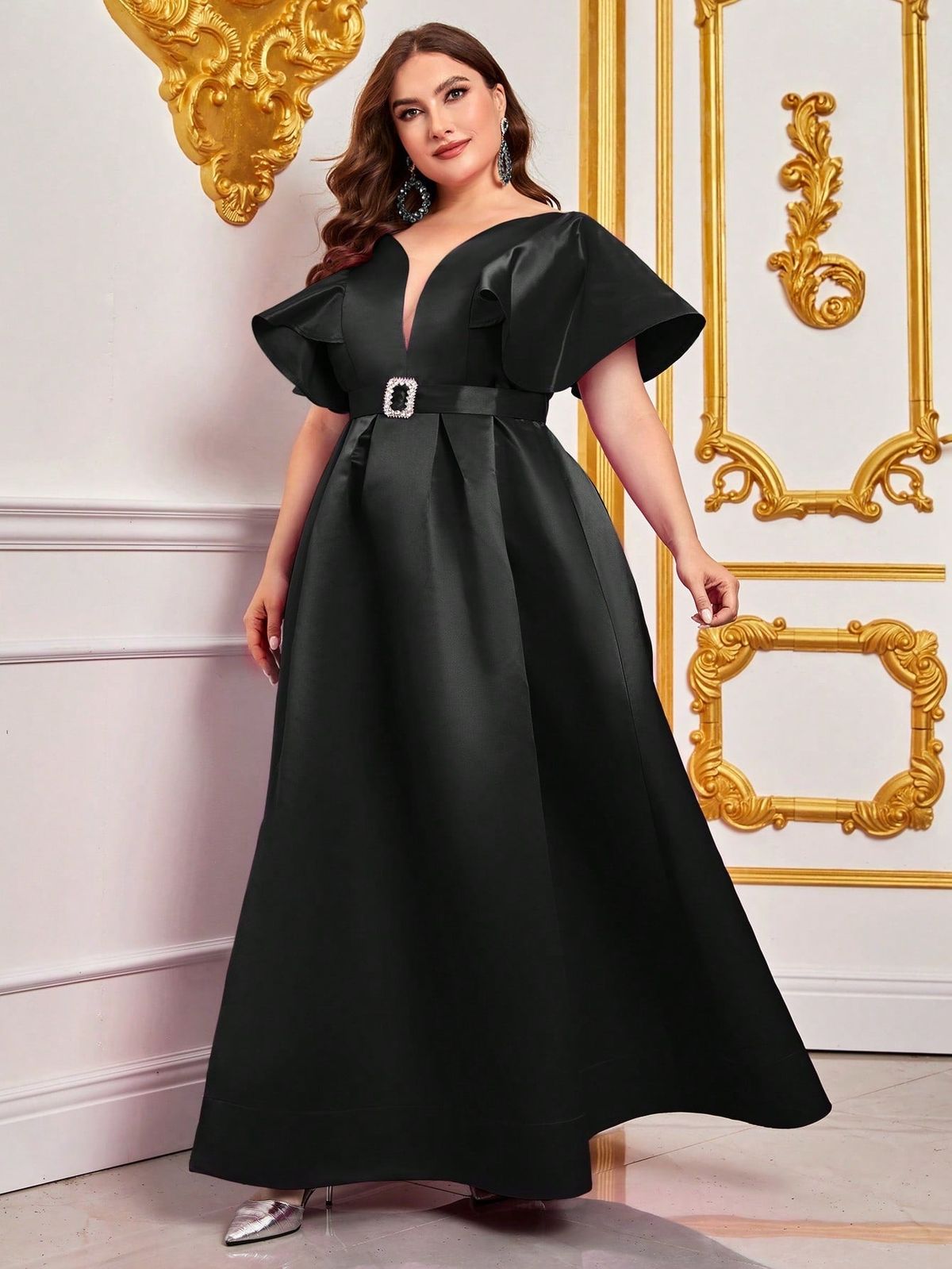 Style FSWD0819P Faeriesty Size 1X Satin Black Floor Length Maxi on Queenly