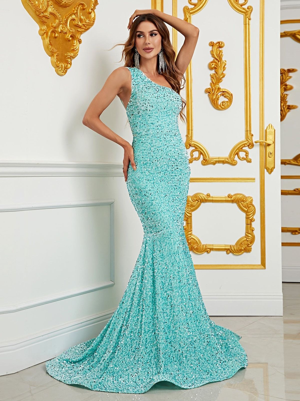 Style FSWD0588 Faeriesty Size S Nightclub One Shoulder Sequined Light Green Mermaid Dress on Queenly