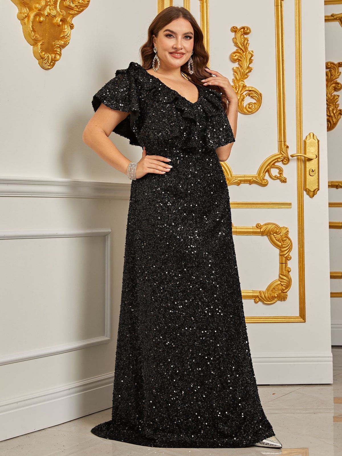 Style FSWD0818P Faeriesty Size 1X Prom Sequined Black Floor Length Maxi on Queenly