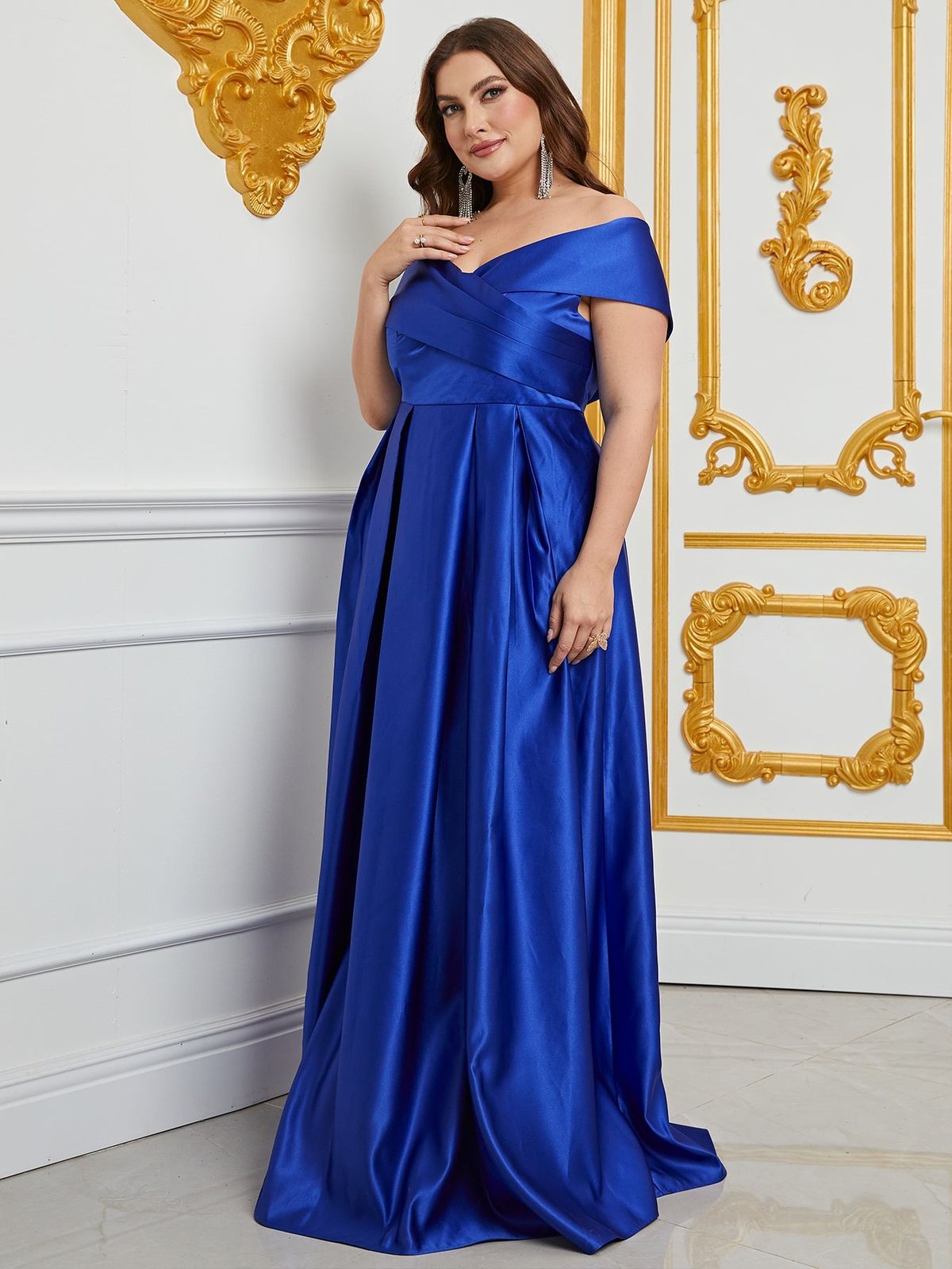 Style FSWD0861P Faeriesty Size 1X Prom Off The Shoulder Satin Royal Blue A-line Dress on Queenly