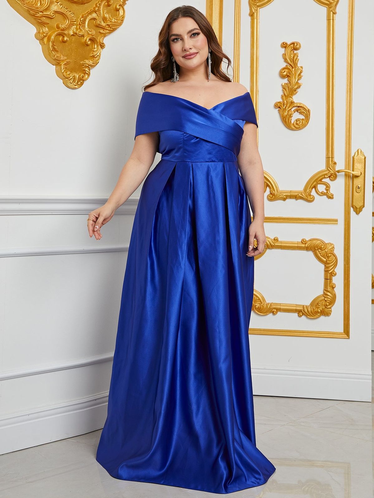 Style FSWD0861P Faeriesty Size 1X Prom Off The Shoulder Satin Royal Blue A-line Dress on Queenly