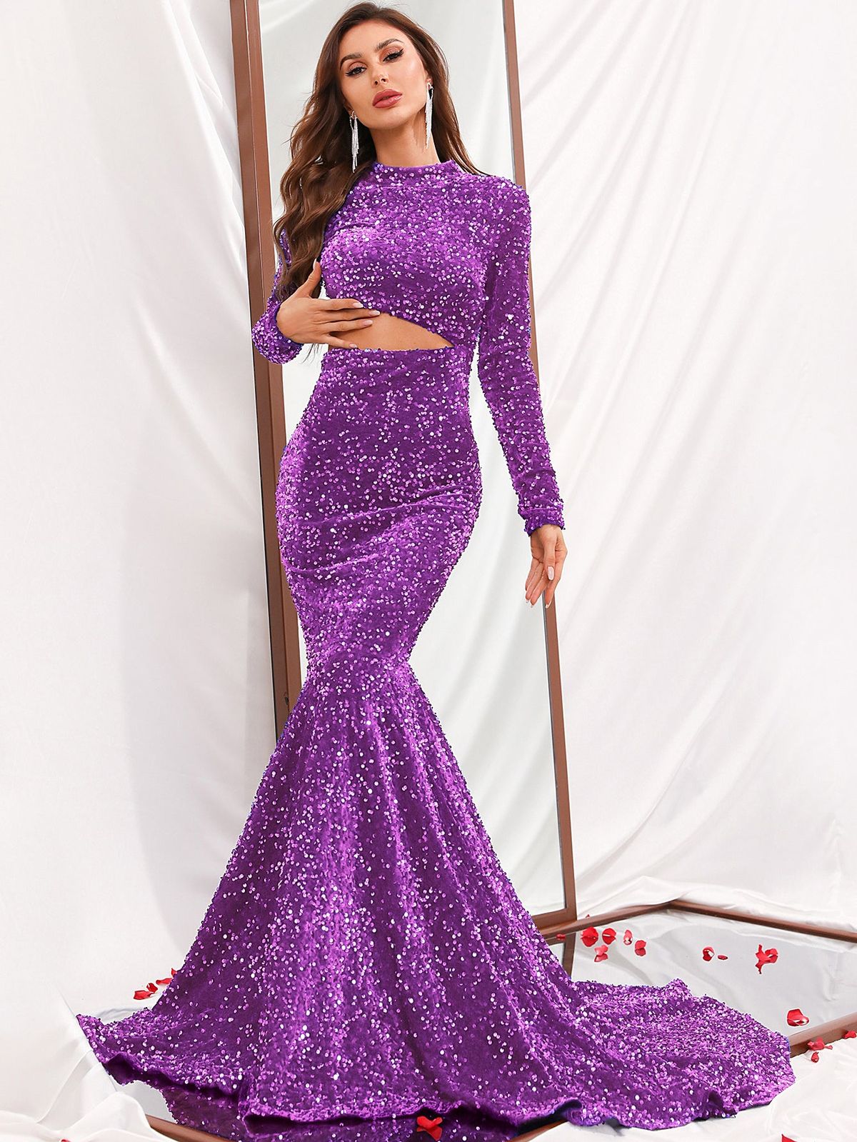 Style FSWD0414 Faeriesty Size XS Prom Long Sleeve Sequined Purple Mermaid Dress on Queenly
