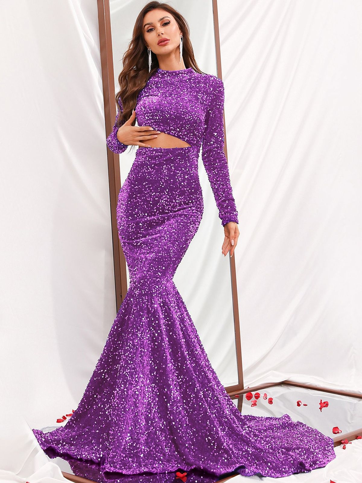 Style FSWD0414 Faeriesty Size S Prom Long Sleeve Sequined Purple Mermaid Dress on Queenly