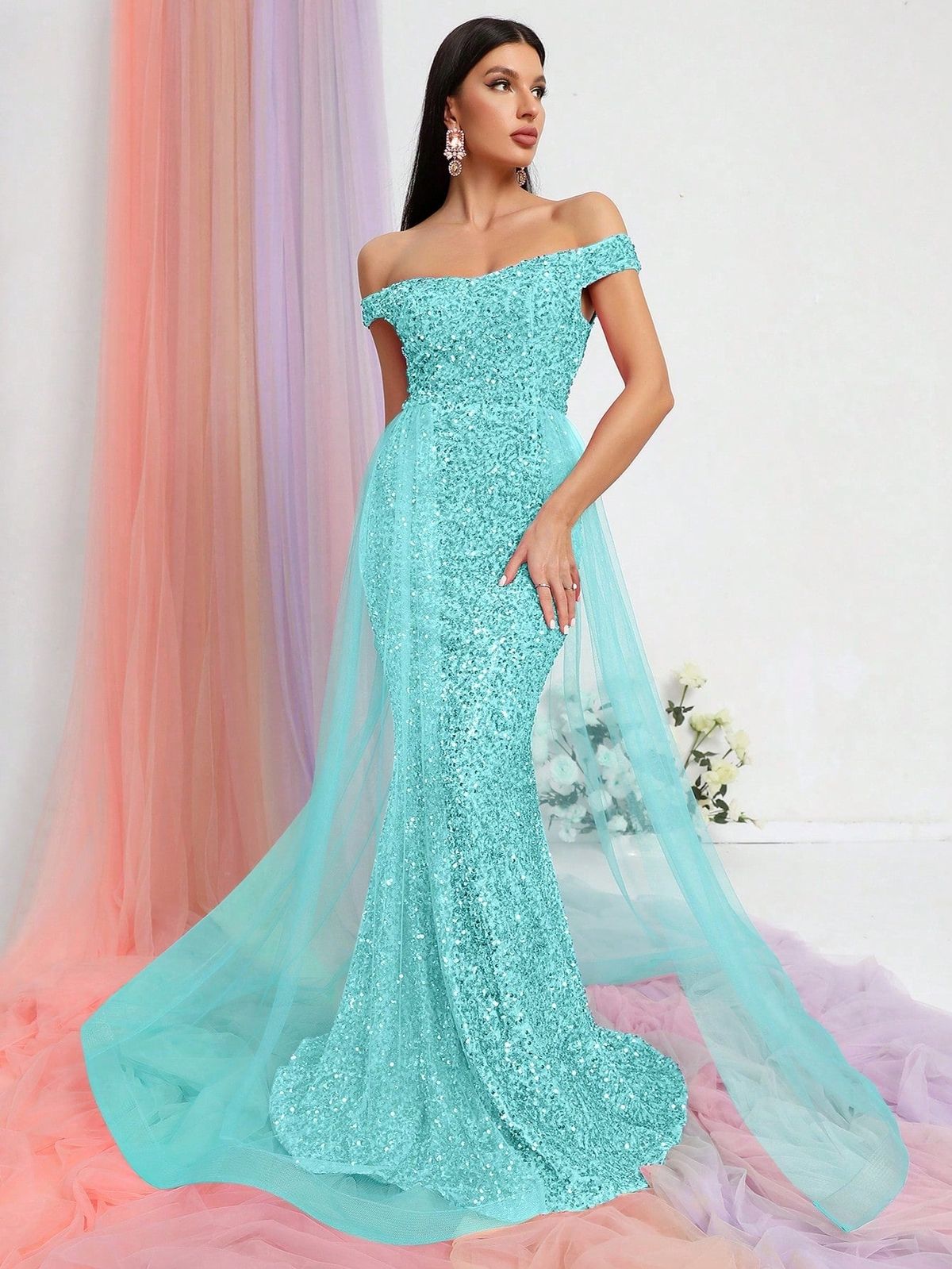 Style FSWD0478 Faeriesty Size XS Off The Shoulder Sequined Light Green Mermaid Dress on Queenly