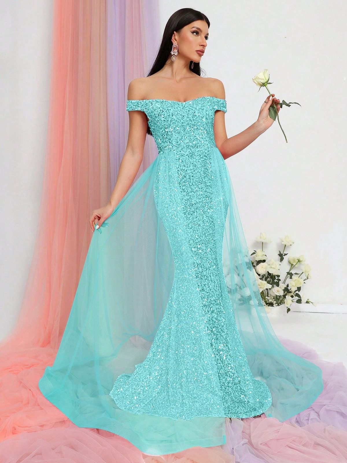 Style FSWD0478 Faeriesty Size M Off The Shoulder Sequined Light Green Mermaid Dress on Queenly