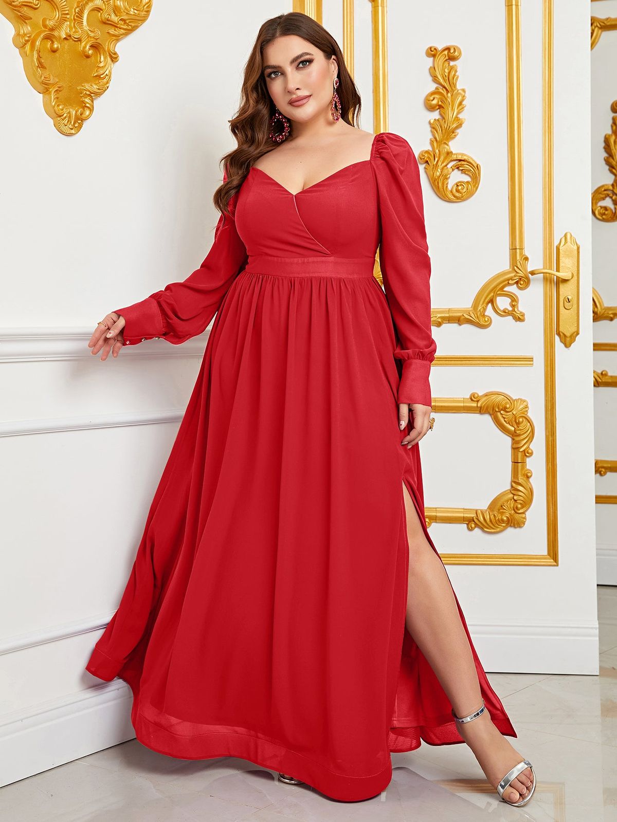 Style FSWD0795P Faeriesty Size 1X Long Sleeve Red A-line Dress on Queenly