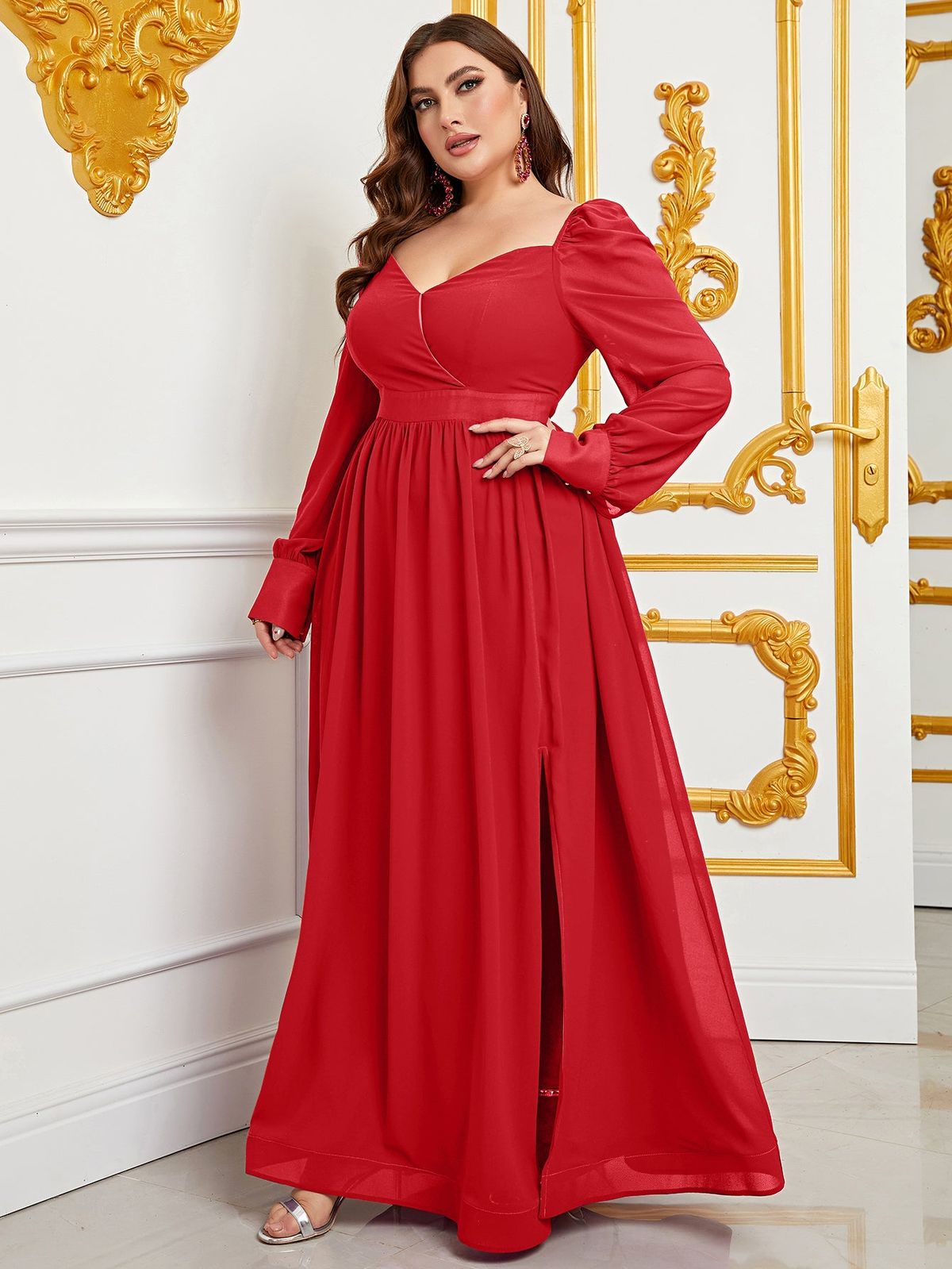 Style FSWD0795P Faeriesty Size 1X Long Sleeve Red A-line Dress on Queenly