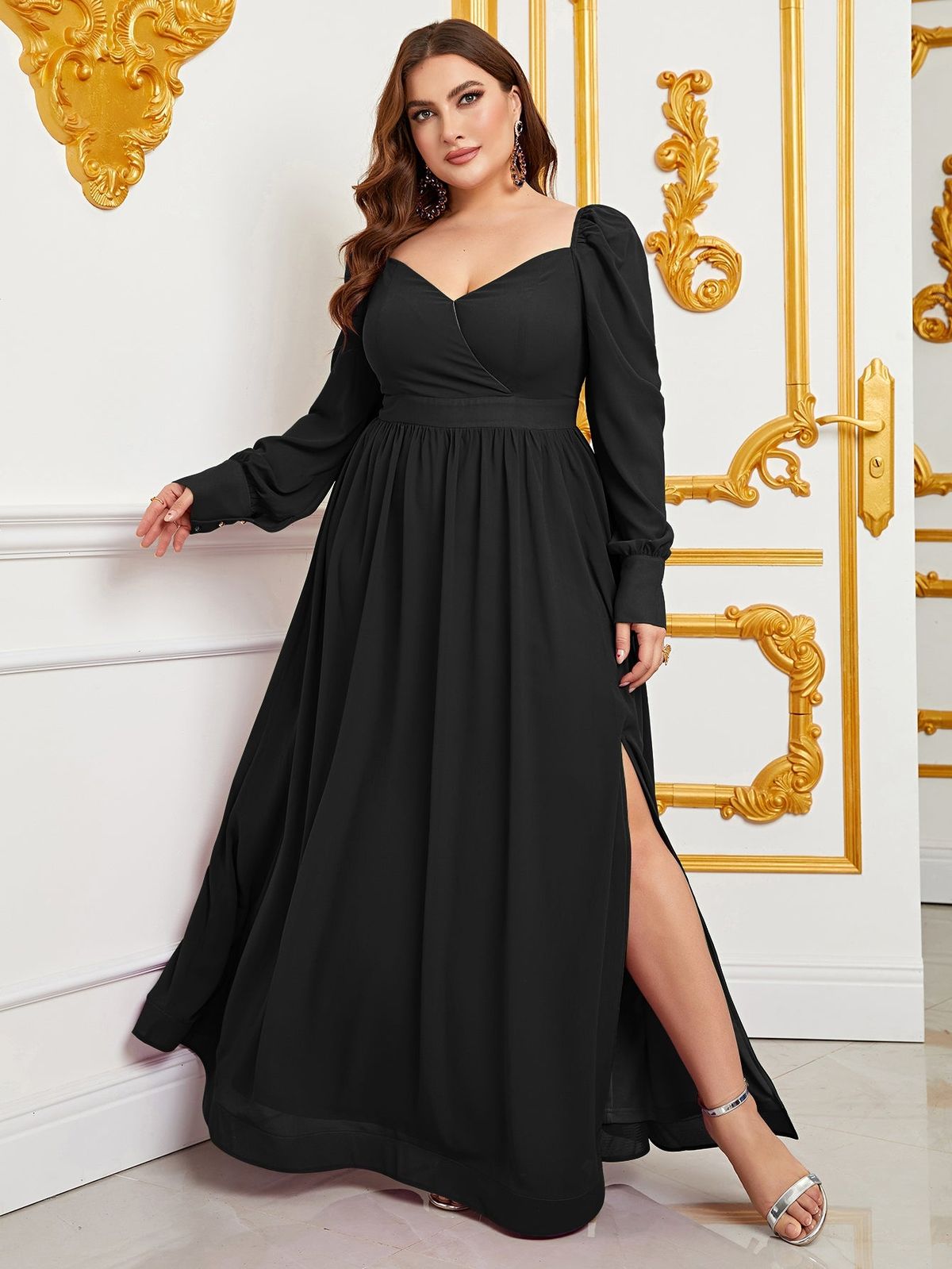 Style FSWD0795P Faeriesty Size 1X Long Sleeve Black A-line Dress on Queenly