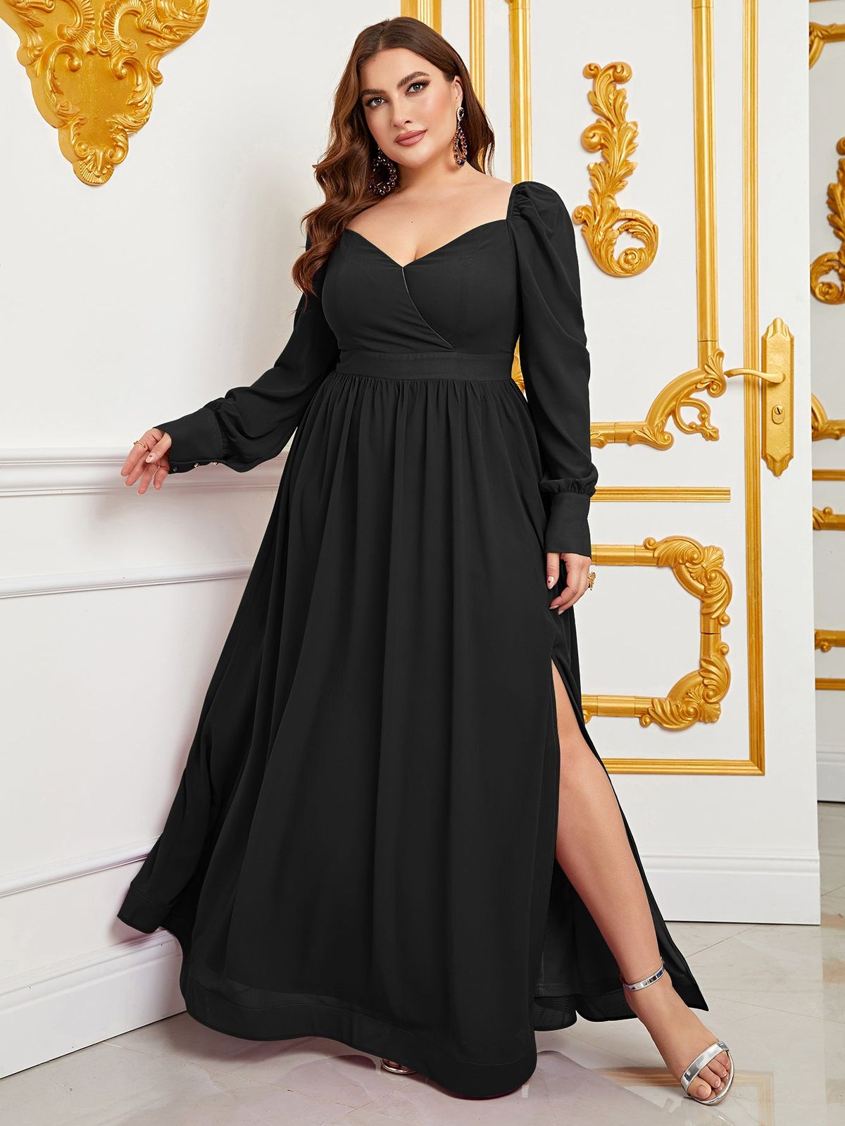 Style FSWD0795P Faeriesty Size 2X Long Sleeve Black A-line Dress on Queenly