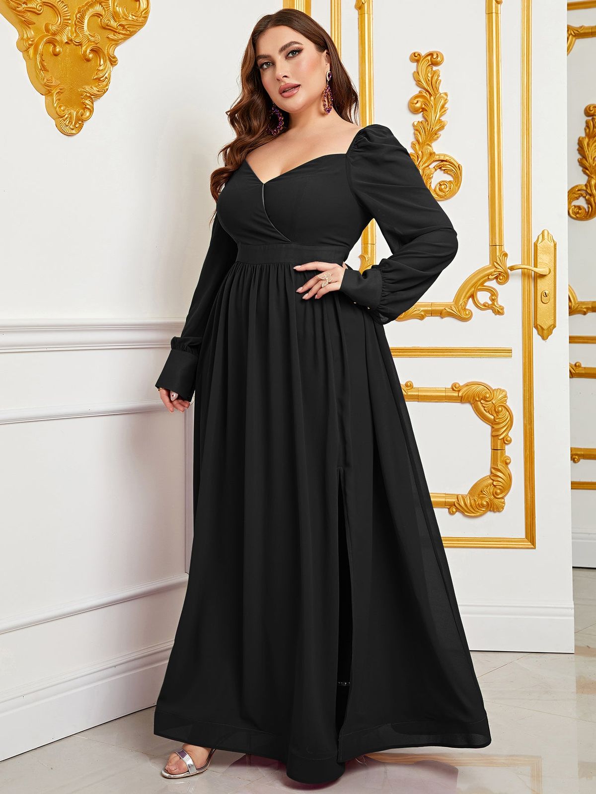 Style FSWD0795P Faeriesty Size 2X Long Sleeve Black A-line Dress on Queenly