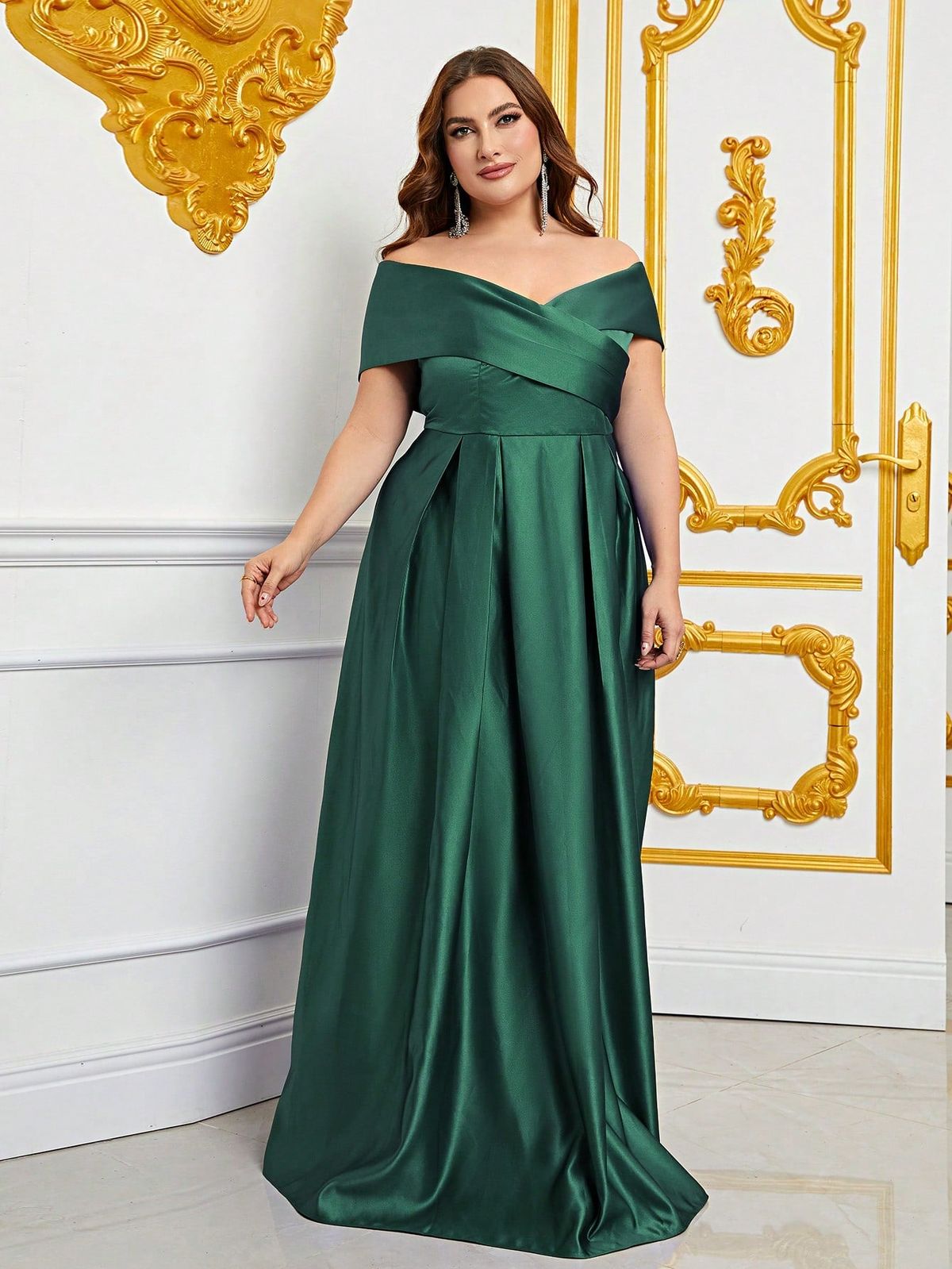 Style FSWD0861P Faeriesty Size 1X Off The Shoulder Satin Green A-line Dress on Queenly