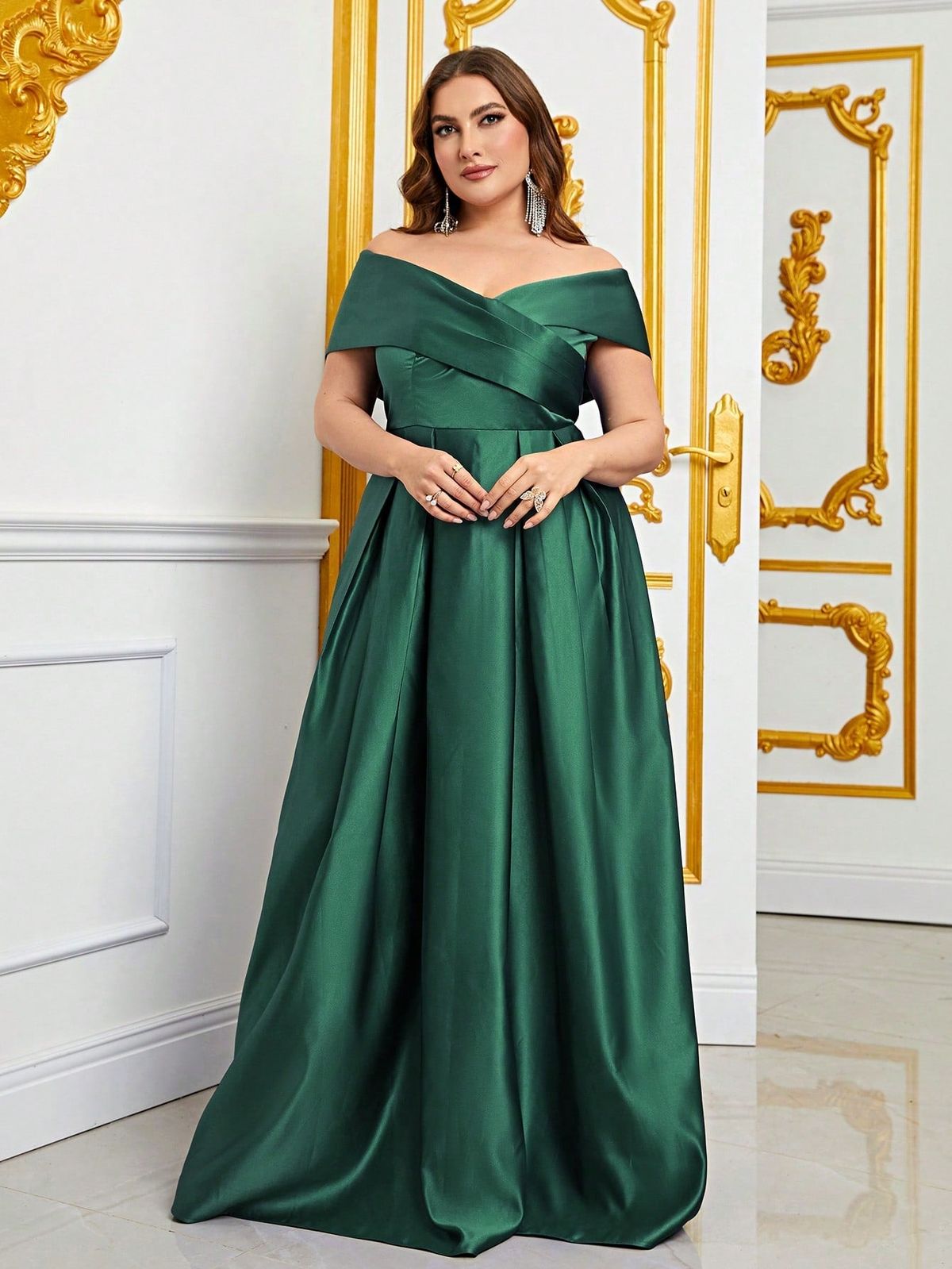 Style FSWD0861P Faeriesty Size 2X Off The Shoulder Satin Green A-line Dress on Queenly
