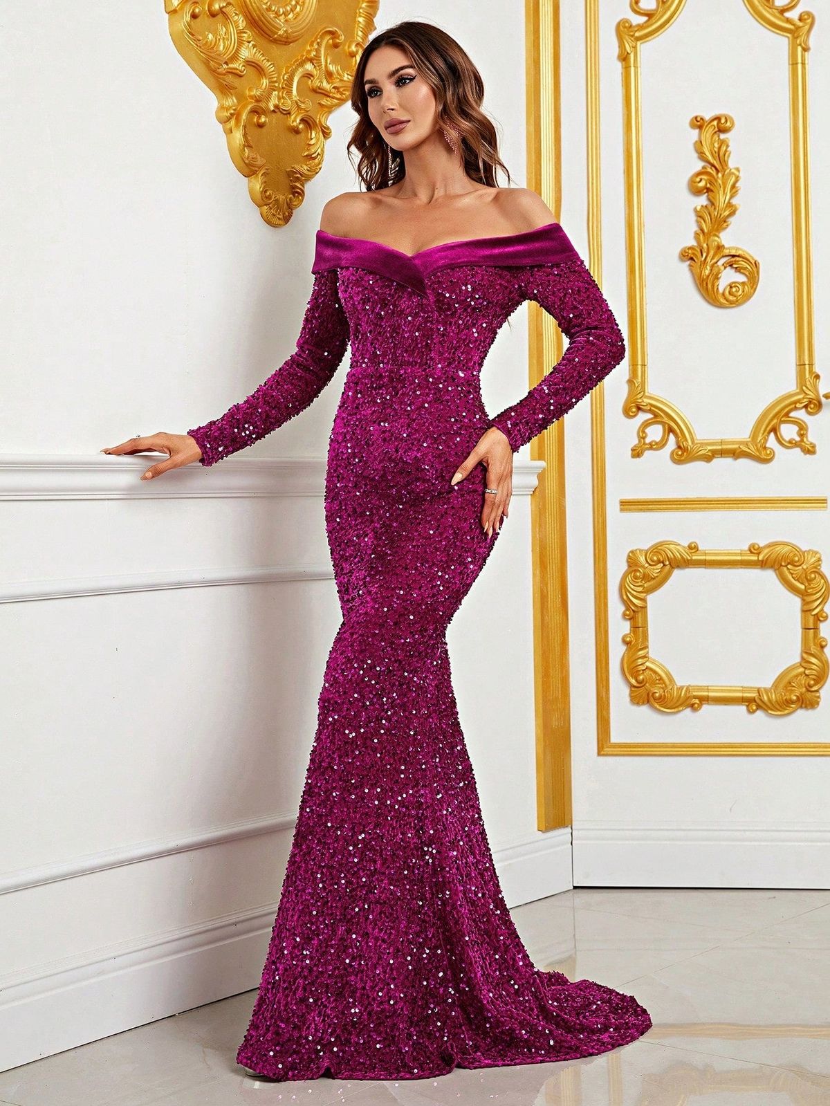 Style FSWD0808 Faeriesty Size XS Nightclub Long Sleeve Sequined Hot Pink Mermaid Dress on Queenly