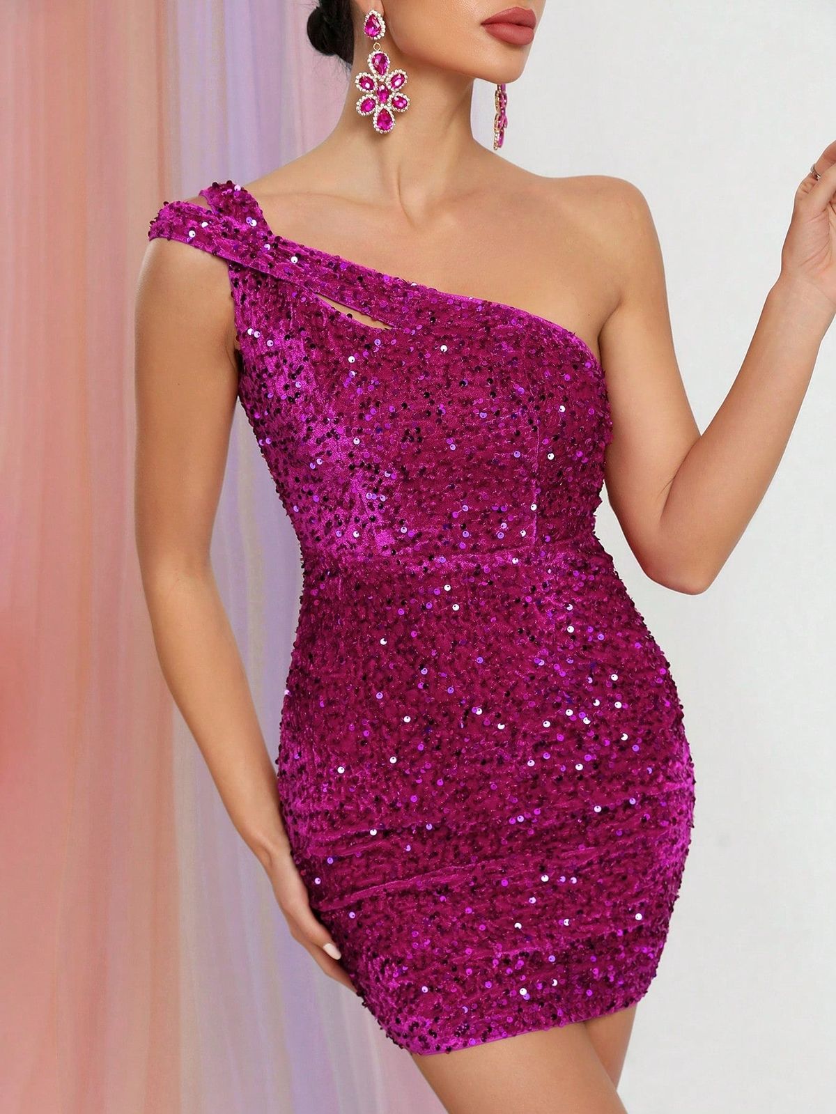 Style FSWD1044 Faeriesty Size XS One Shoulder Sequined Hot Pink Cocktail Dress on Queenly