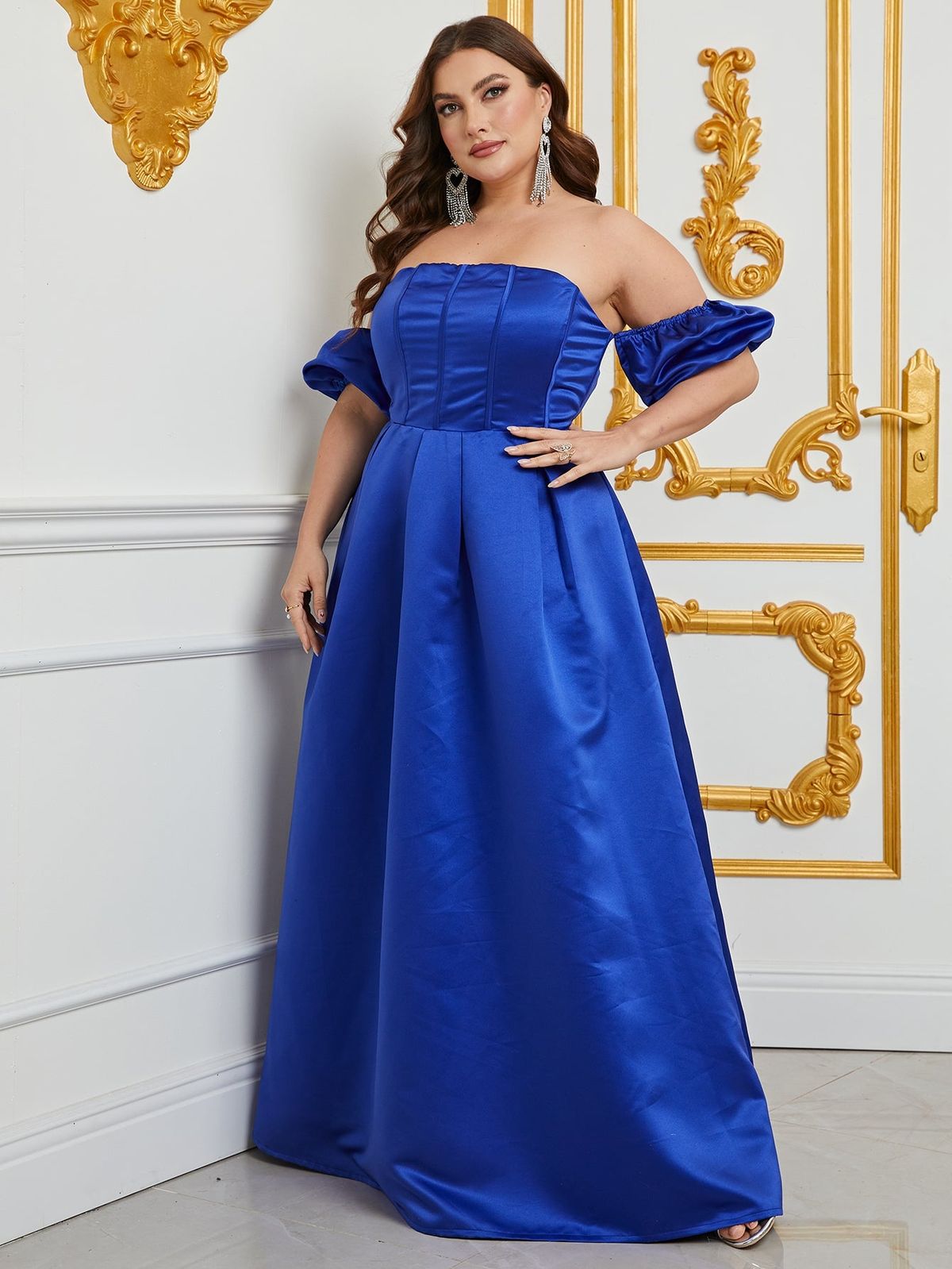 Style FSWD0793P Faeriesty Size 1X Off The Shoulder Satin Royal Blue Floor Length Maxi on Queenly