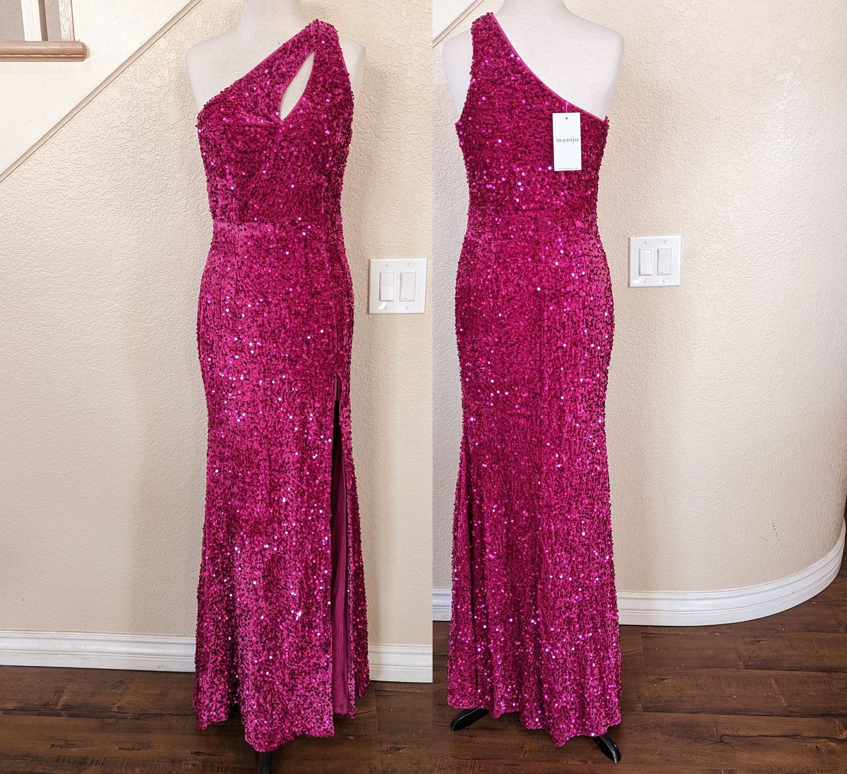 Style Fuchsia Sequined One Shoulder Cut Out Side Slit Formal Gown Size 6 Prom One Shoulder Velvet Pink Side Slit Dress on Queenly